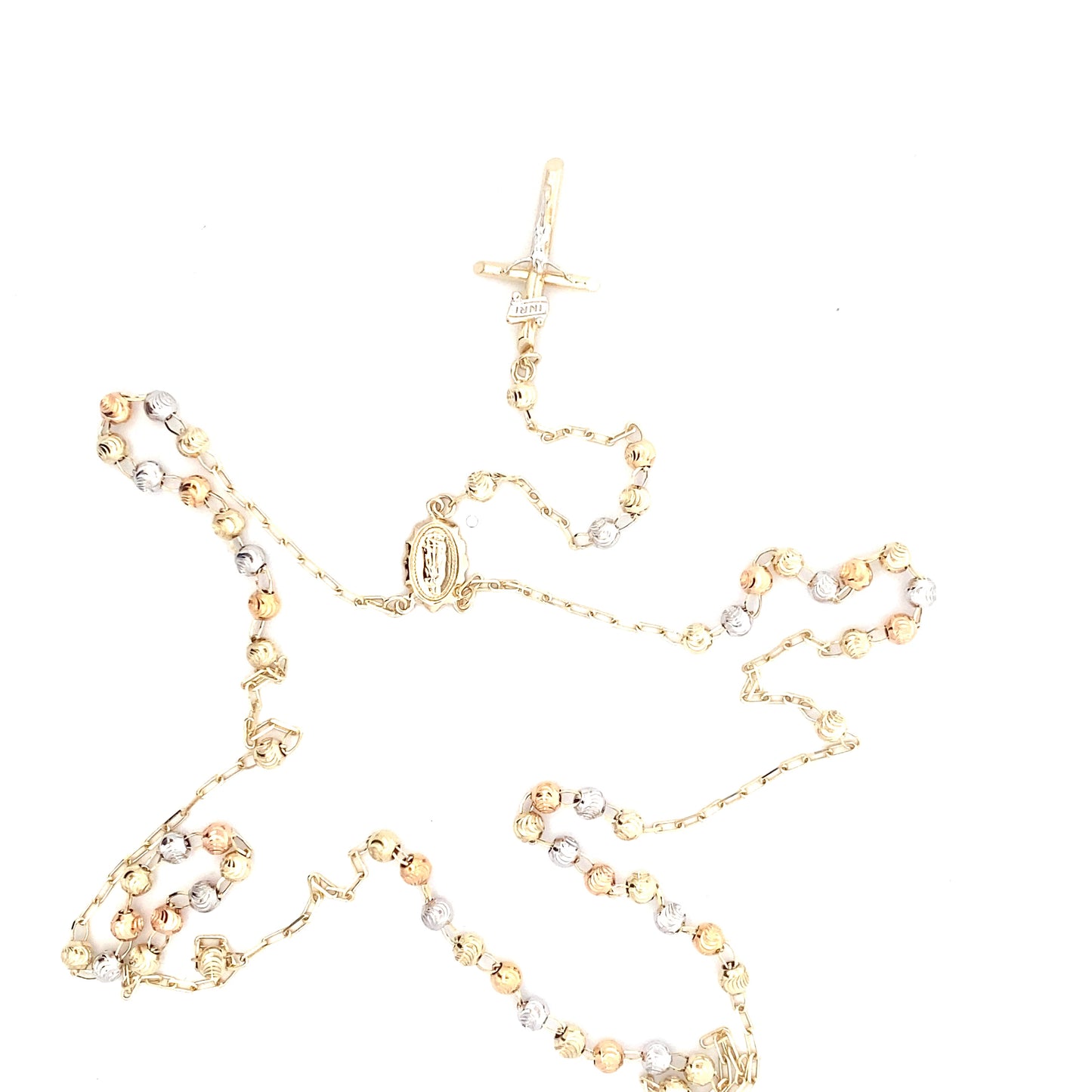 14K Tri Color Diamond Cut Beaded Rosary