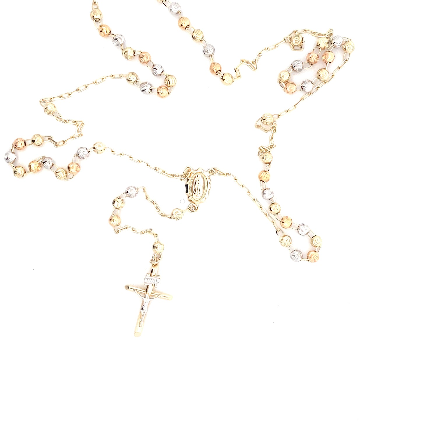 14K Tri Color Diamond Cut Beaded Rosary