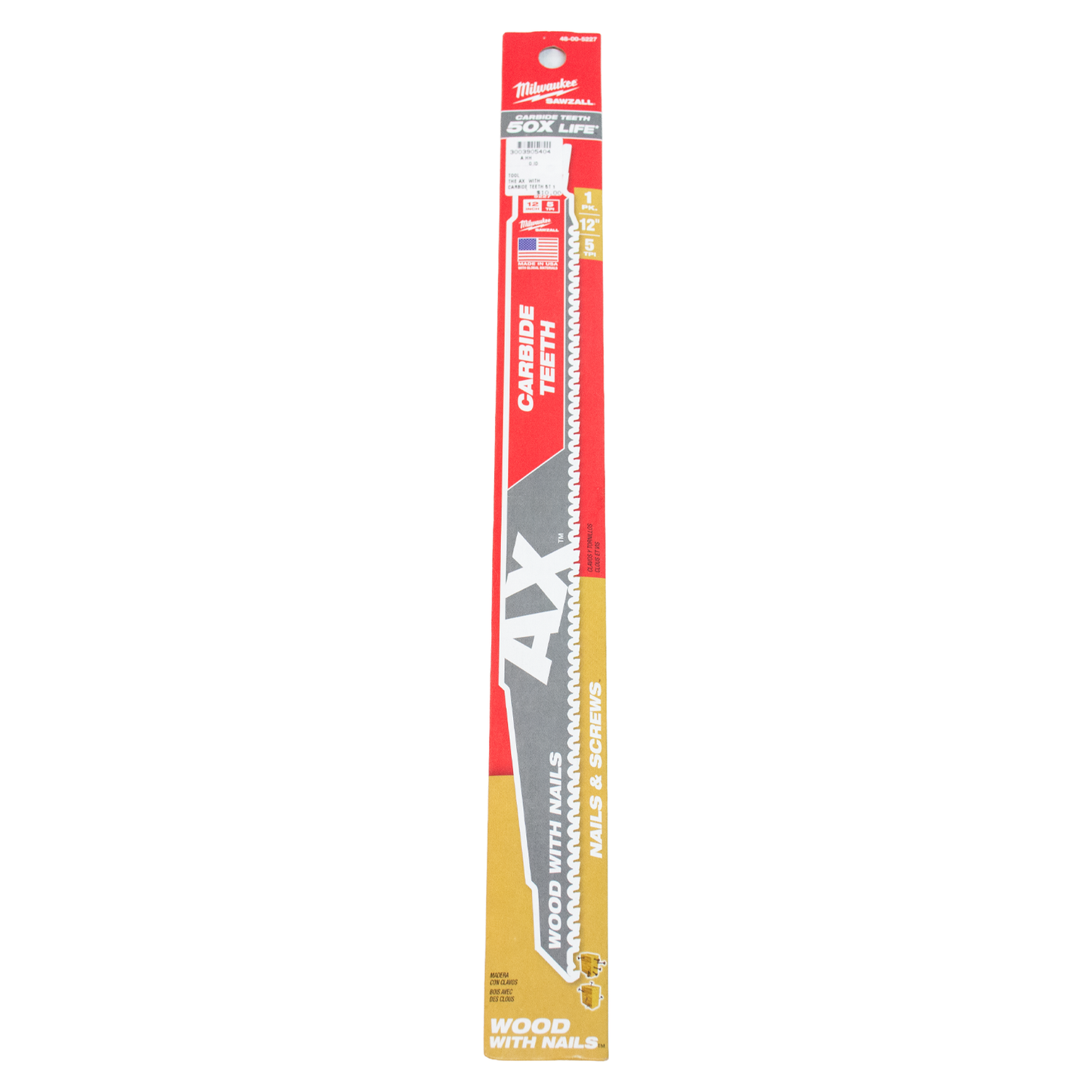 Milwaukee 48-00-5227 "The Ax" Carbide Teeth Sawzall Blade 12" 5 TPI