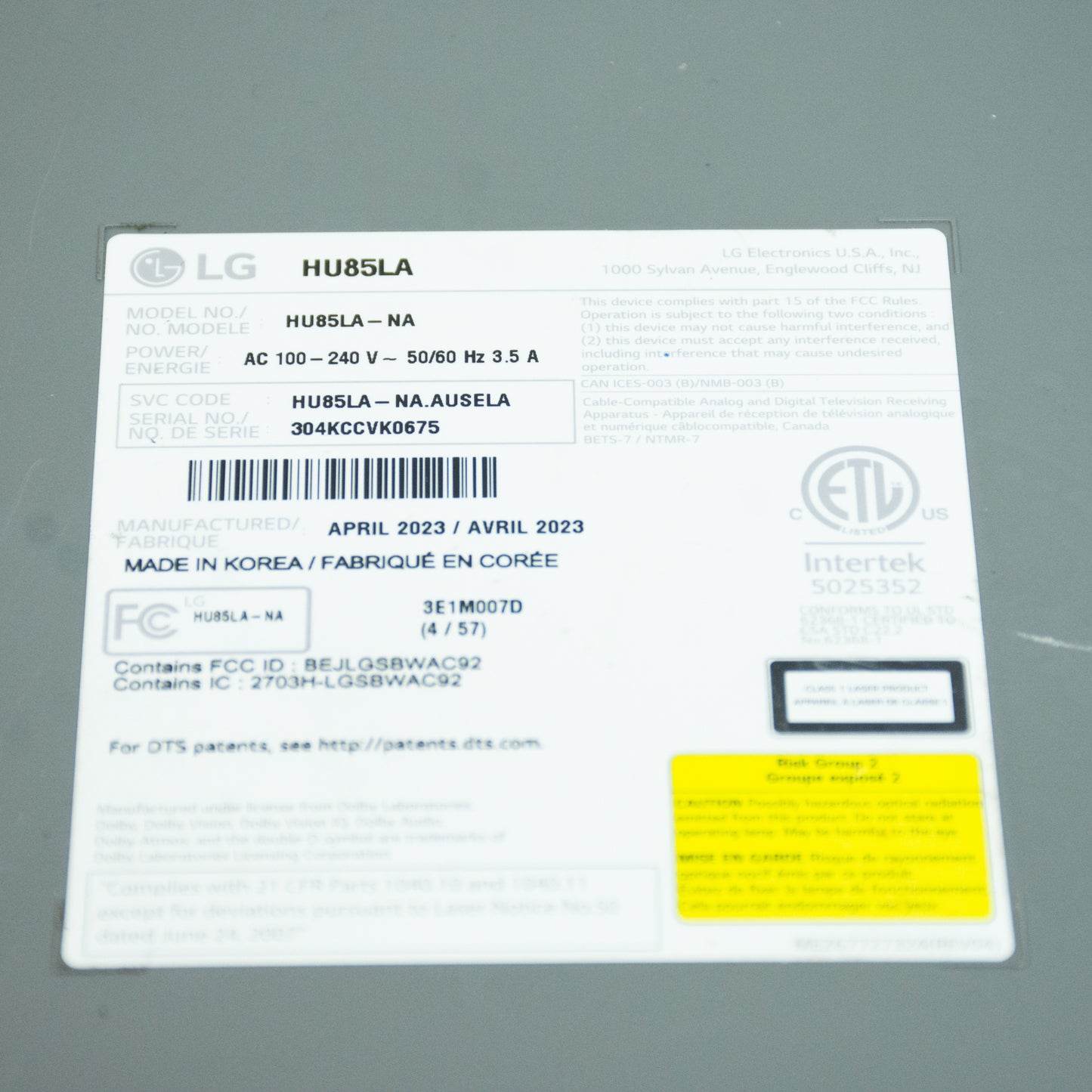 LG HU85LA 4K UDH LAser Home Theater Cinebeam Projector