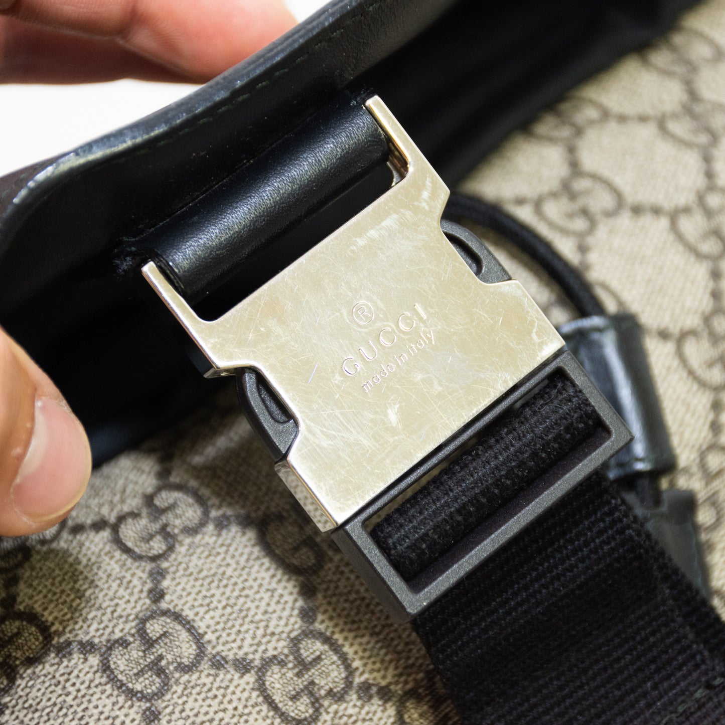 Gucci Supreme Monogram Black/Brown Single Buckle Backpack