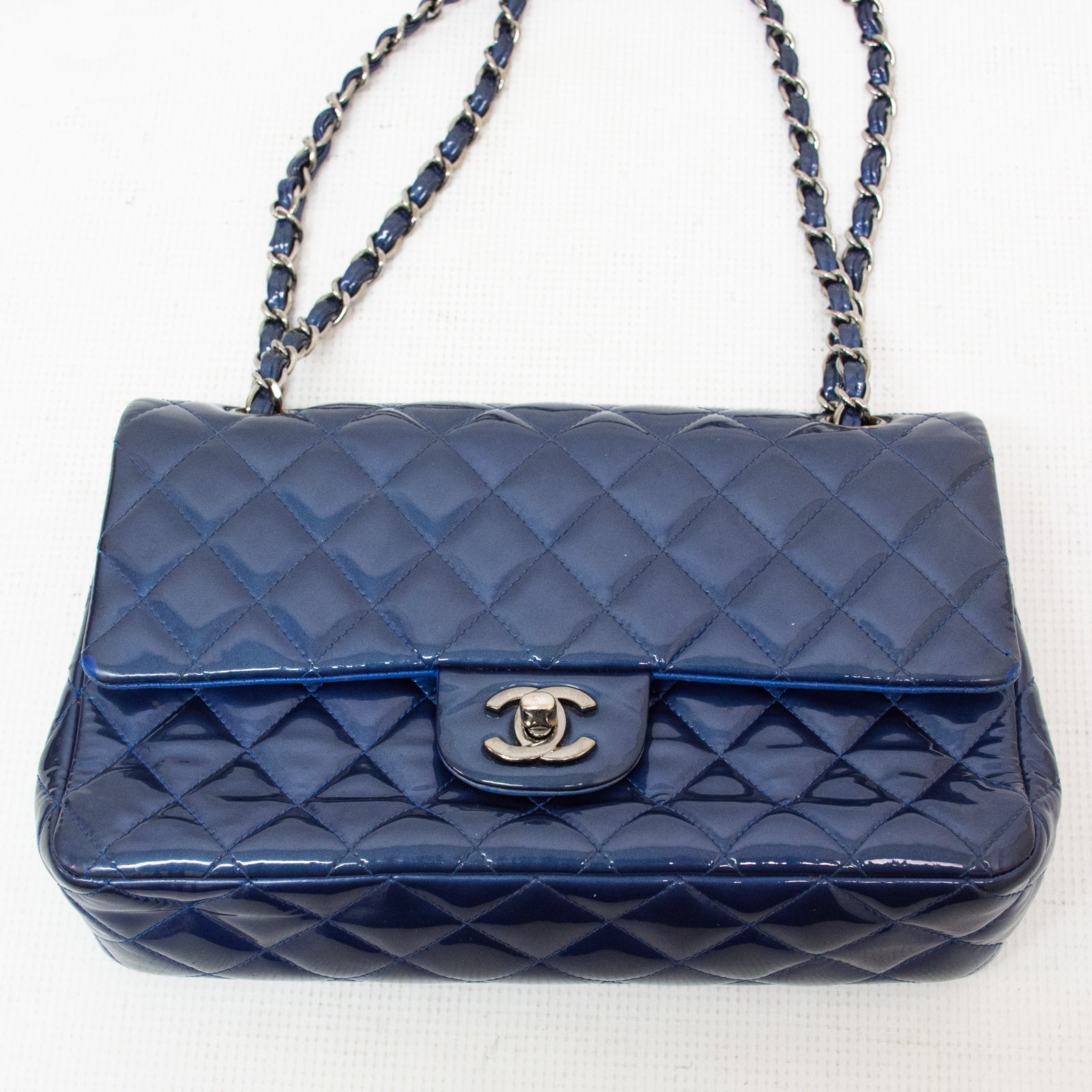 Chanel Classic Medium Double Boy Flap Shoulder Bag - Blue Quilted Patent Leather