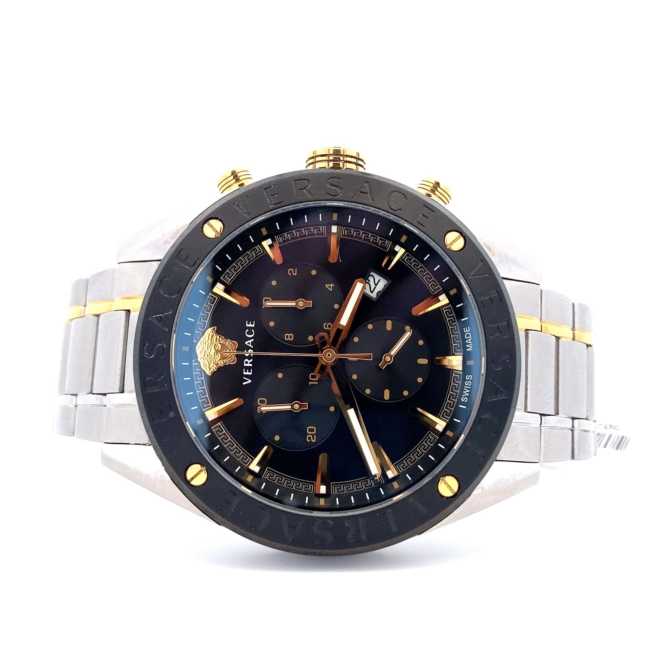 Versace Stainless Steel Silver & Gold Tone Detail Men's Chronograph Watch - ipawnishop.com