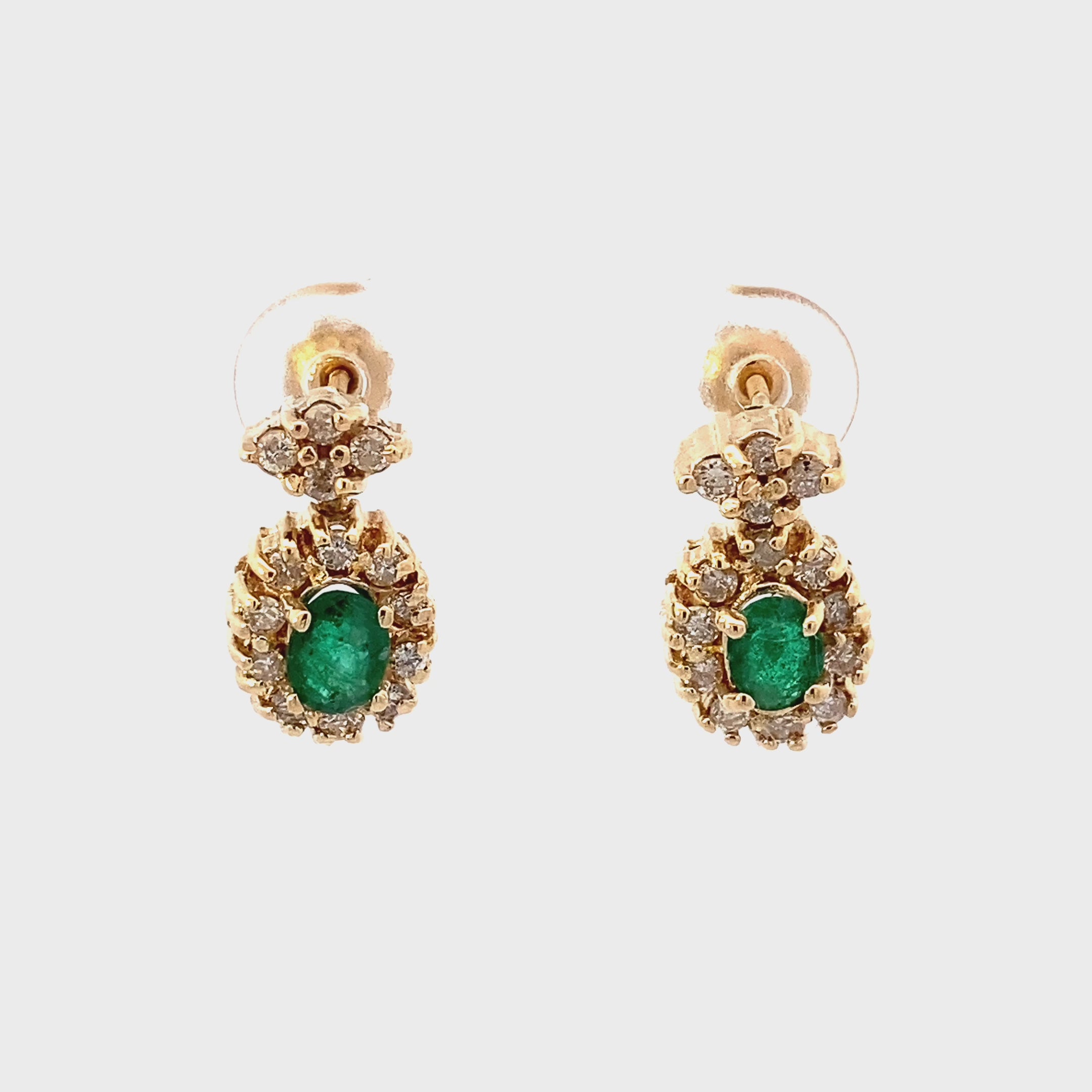 14K Yellow Gold Emerald Diamond Dangle Earrings - 0.64ct