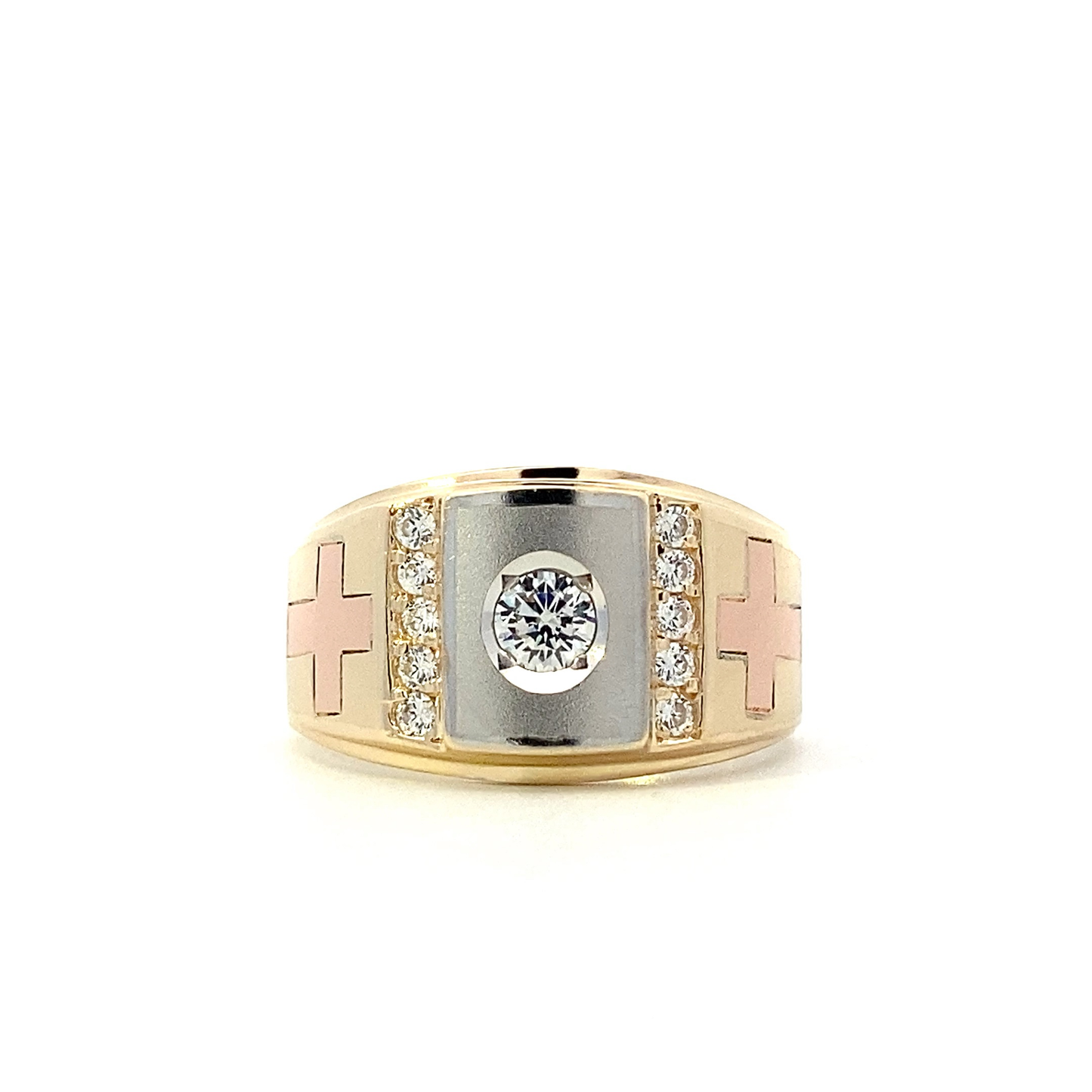 14K Tri-Color Gold CZ Double Cross Ring