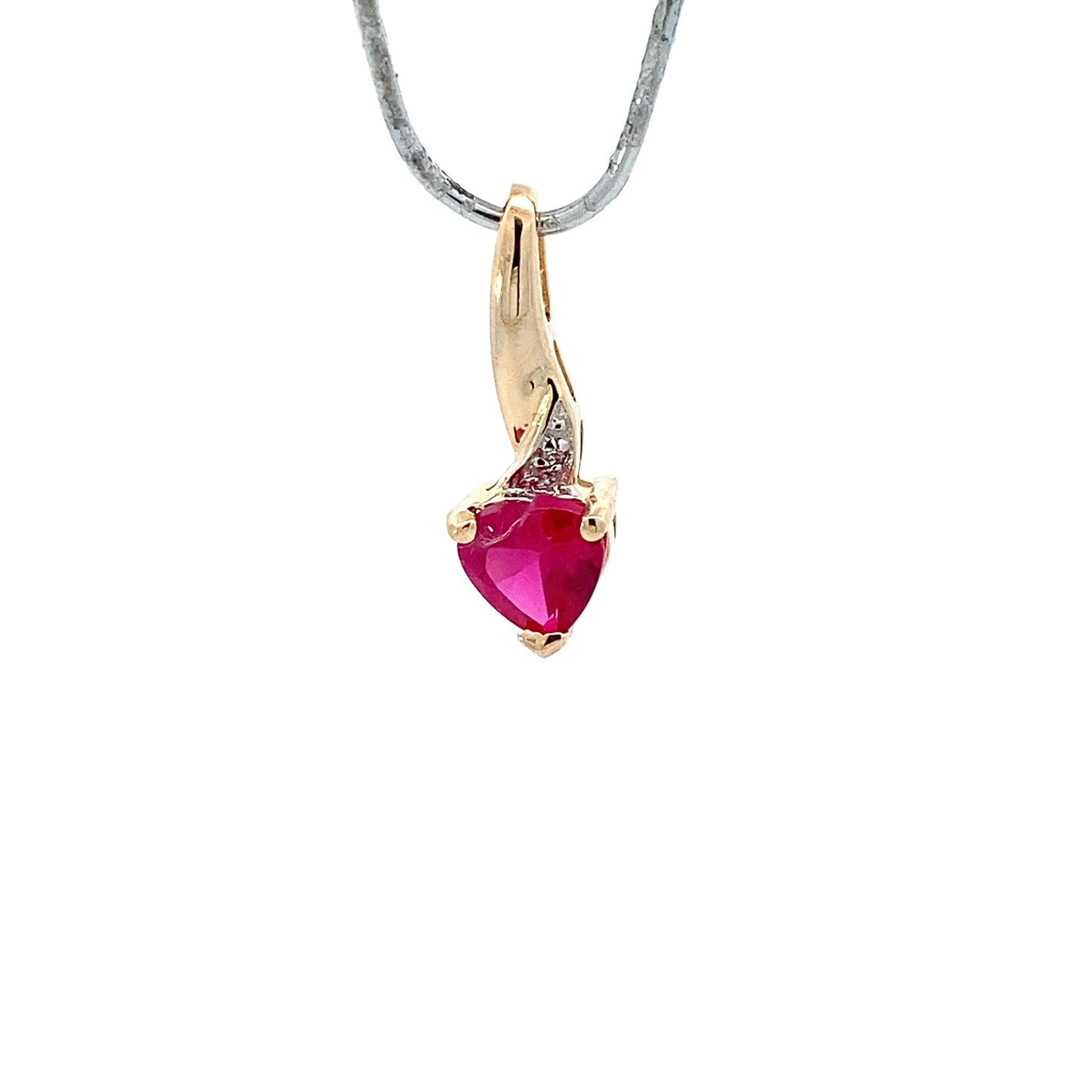 10K Yellow Gold Heart Shaped Synthetic Ruby Diamond Pendant - 0.1ct - ipawnishop.com