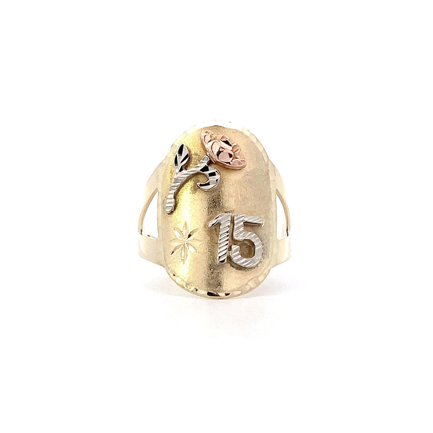 14K Tri-Color Gold "15" Flower Ring - ipawnishop.com
