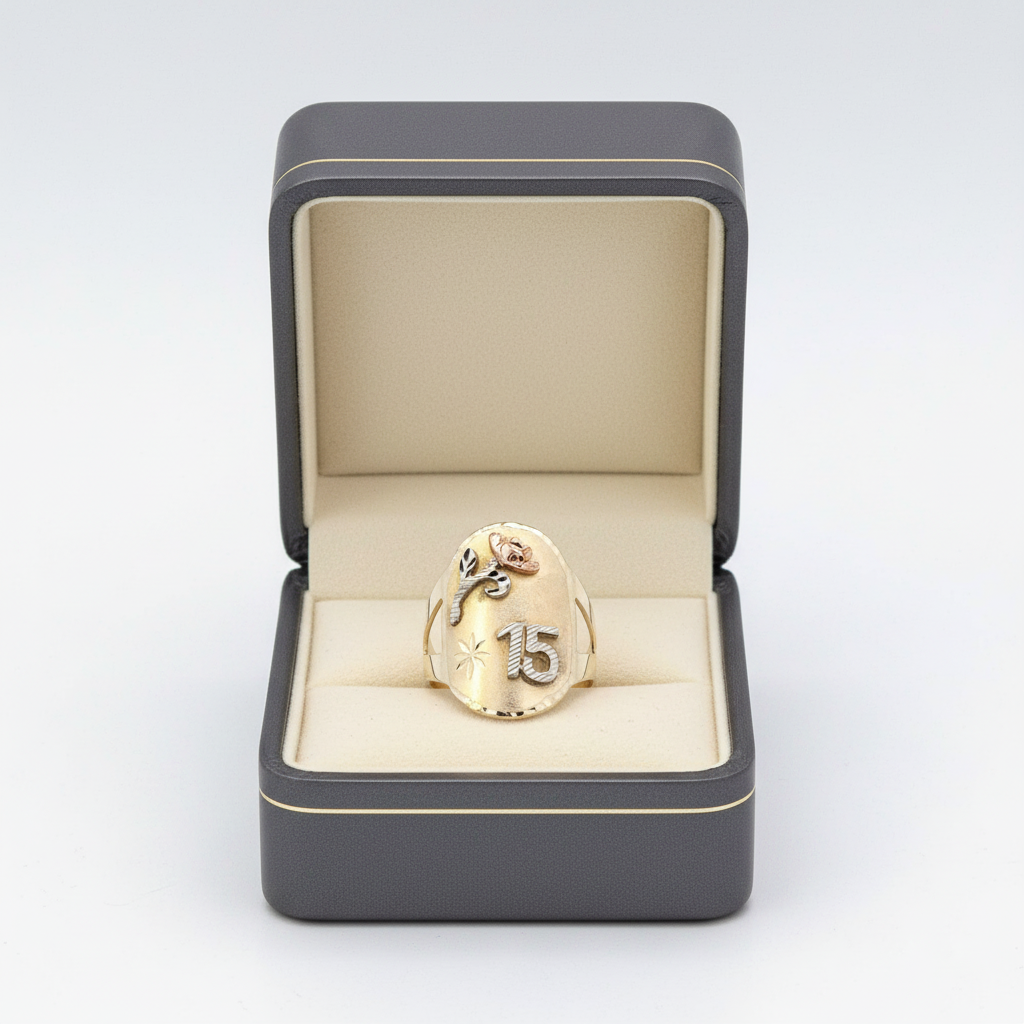 Anillo Flor "15" Oro Tricolor 14K