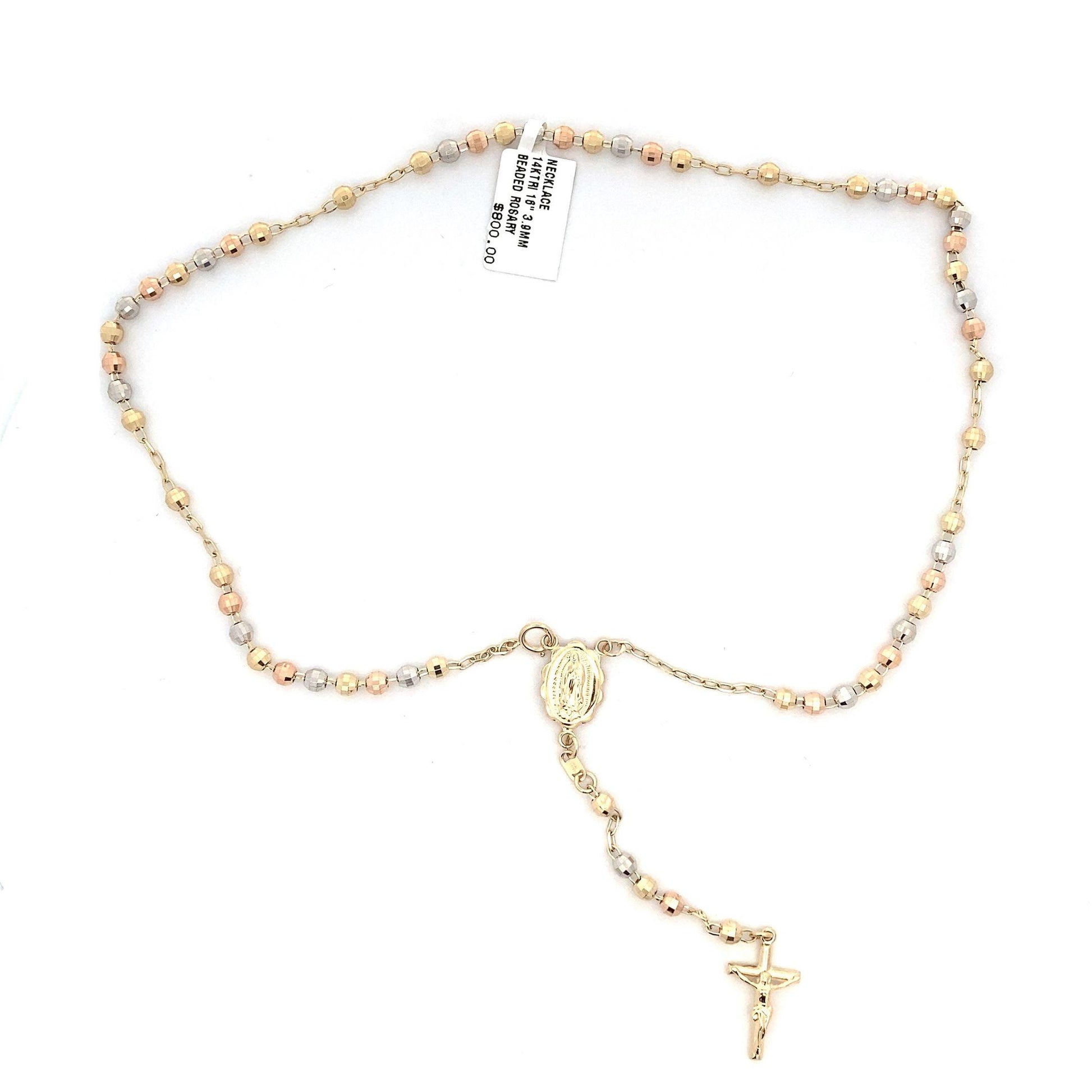 14K Tri-Color Gold 16", 3.9MM Beaded Rosary - ipawnishop.com