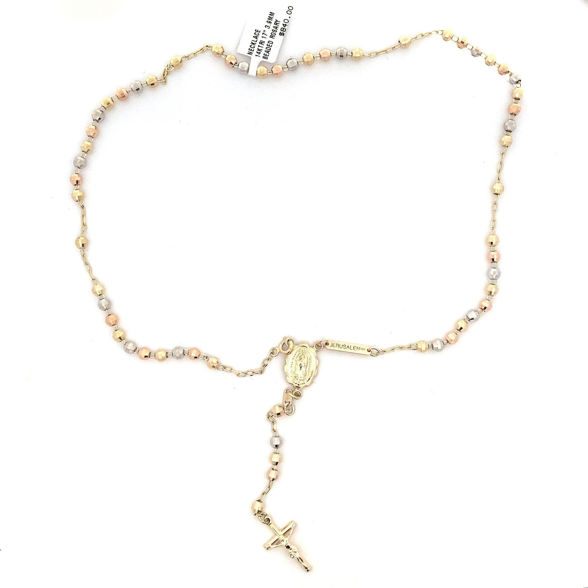 14K Tri-Color Gold 17", 3.9MM Beaded Rosary - ipawnishop.com