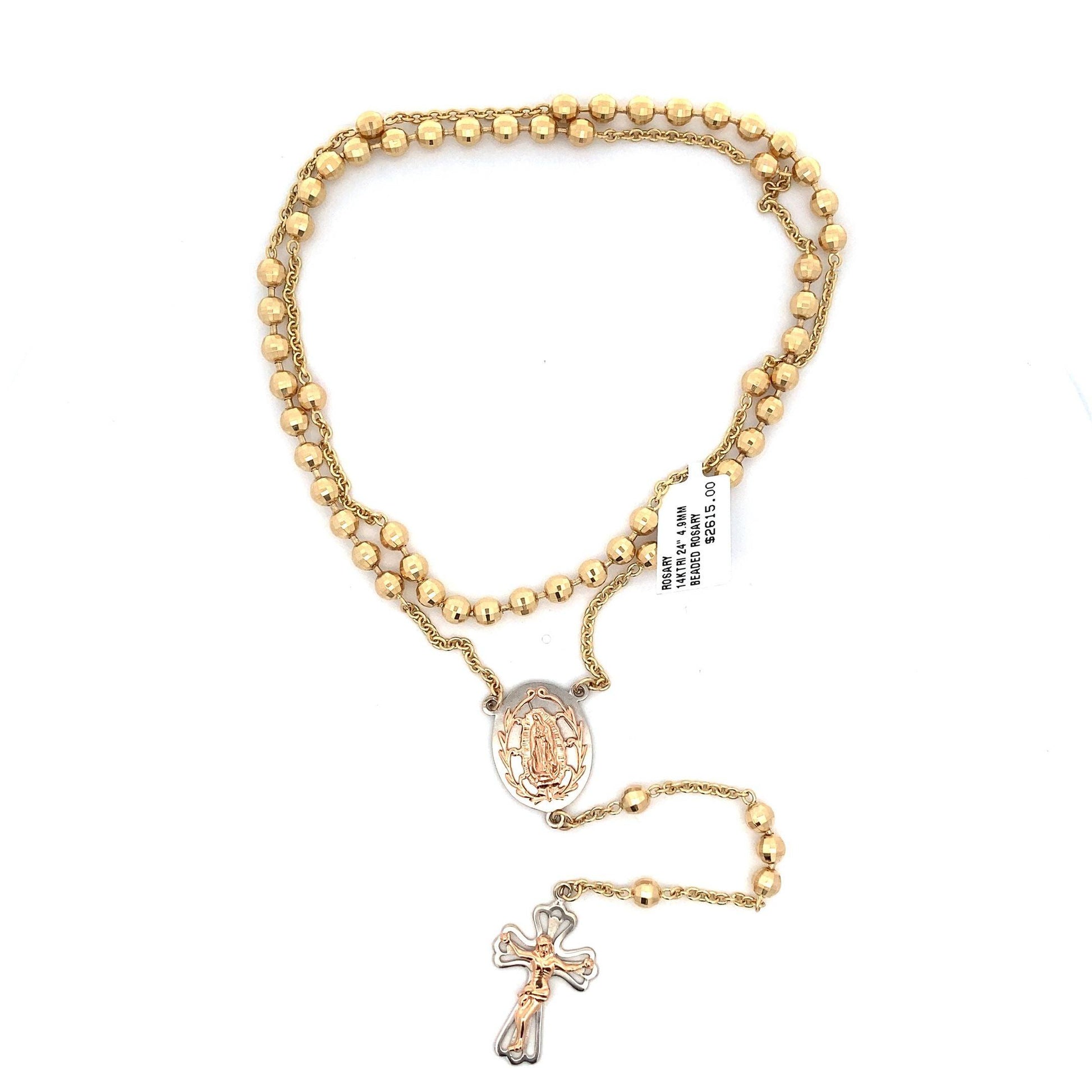 14K Tri-Color Gold 24", 4.9MM Beaded Rosary - ipawnishop.com