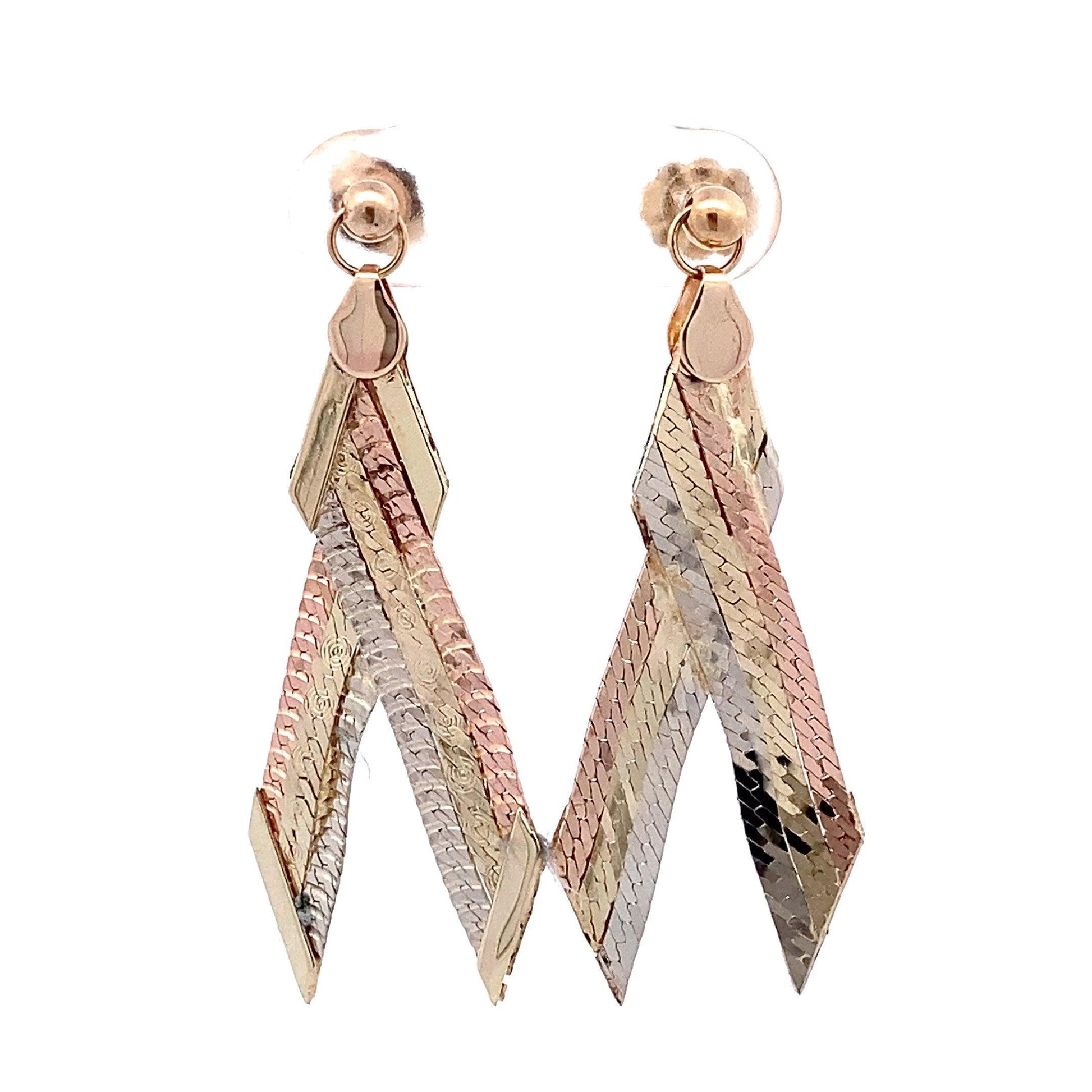 14K Tri-Color Gold Multi Strand Herringbone Dangle Earrings - ipawnishop.com