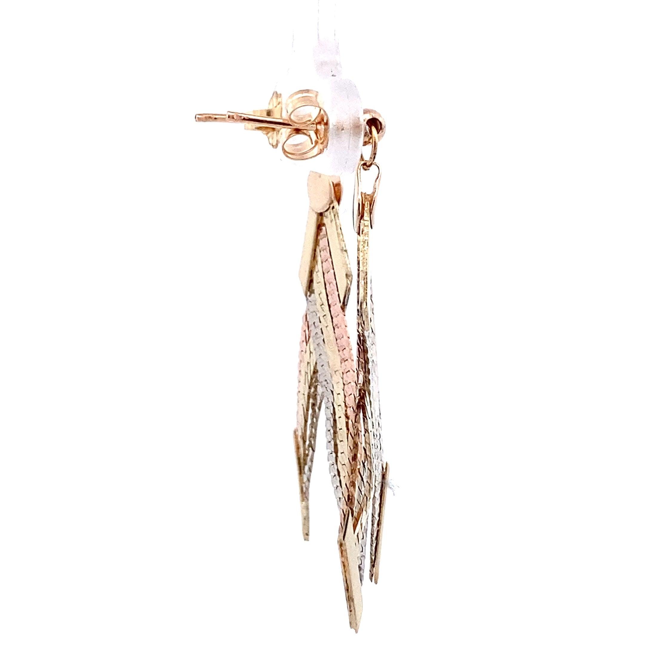 14K Tri-Color Gold Multi Strand Herringbone Dangle Earrings - ipawnishop.com