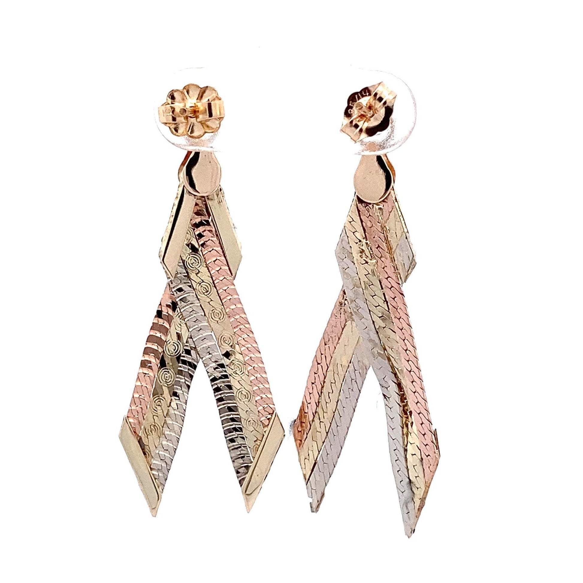 14K Tri-Color Gold Multi Strand Herringbone Dangle Earrings - ipawnishop.com