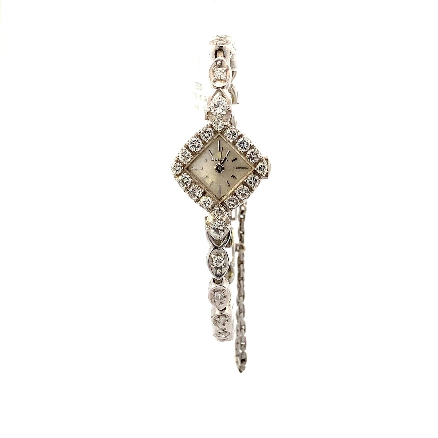 14K White Gold Bulova 17 Jewel Manual Wind Dress Women's Diamond Watch - 1.79ct - ipawnishop.com