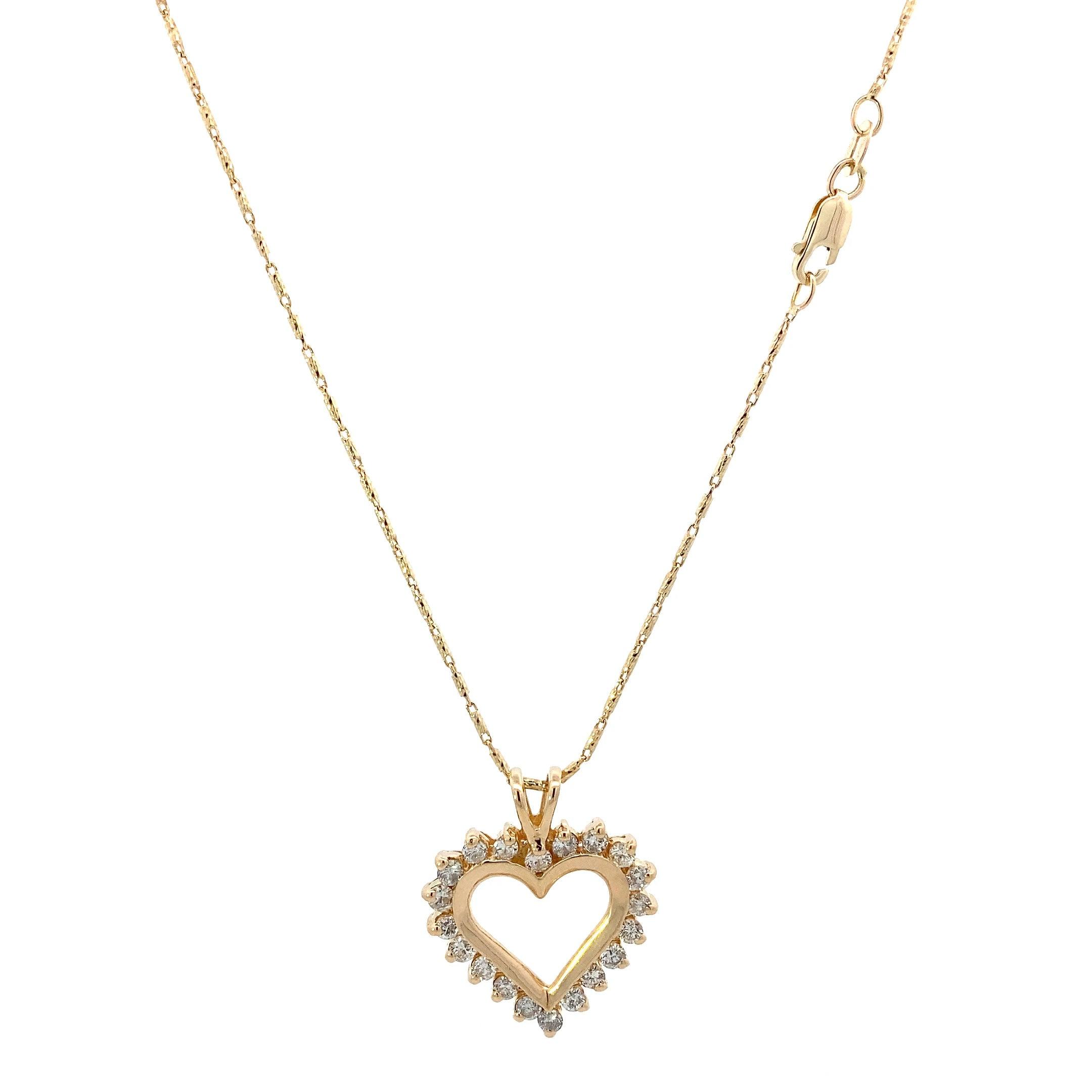 14K Yellow Gold Diamond Open Heart Pendant & Bar Link Chain Set - 0.90ct - ipawnishop.com