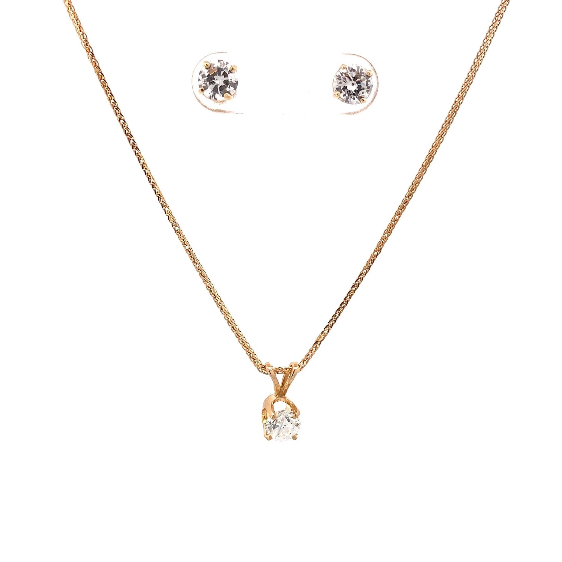 14K Oro Amarillo Diamante Solitario Pendientes, Colgante y Cadena de trigo Set - 1.46ct - ipawnishop.com