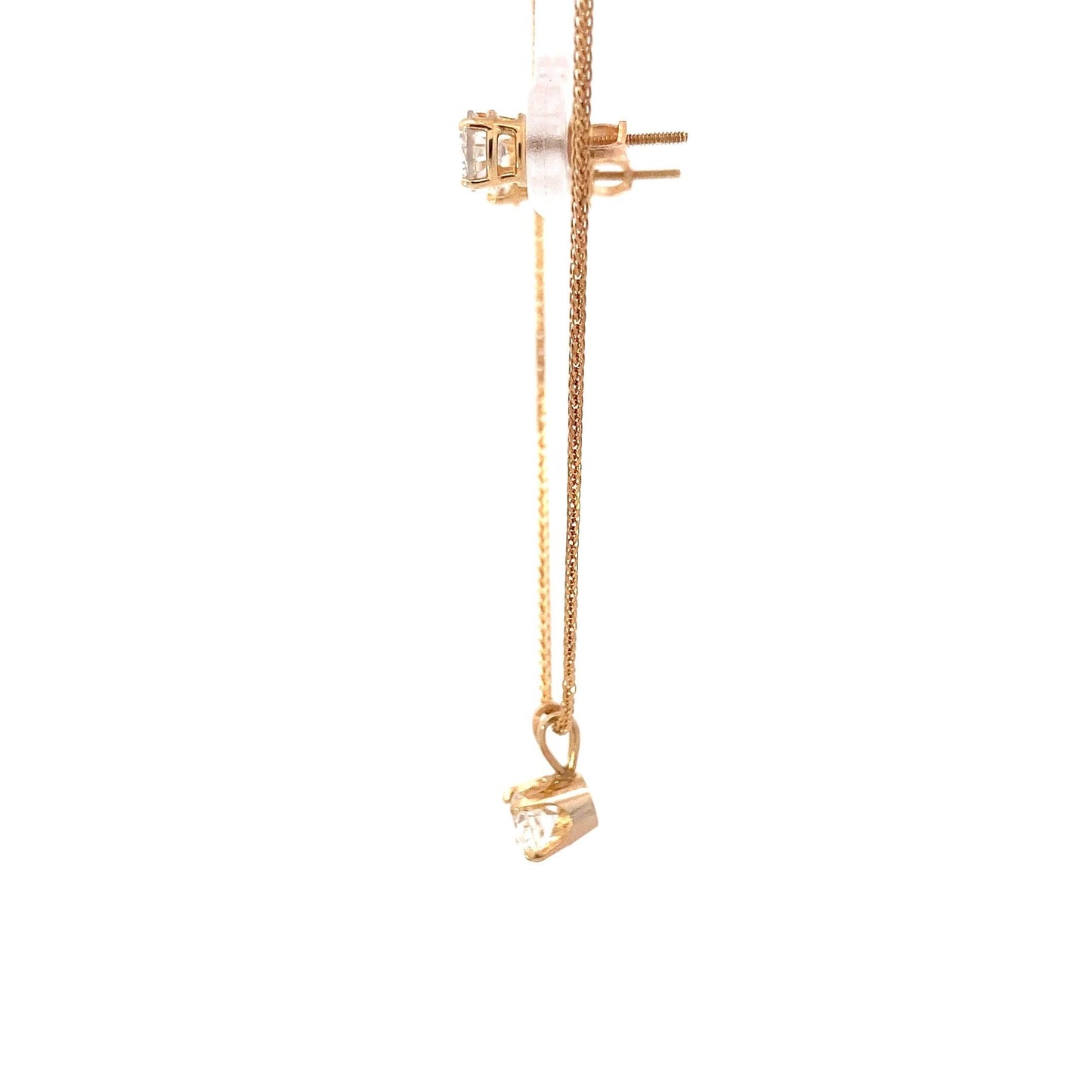 14K Yellow Gold Diamond Solitaire Earrings, Pendant, & Wheat Chain Set - 1.46ct - ipawnishop.com