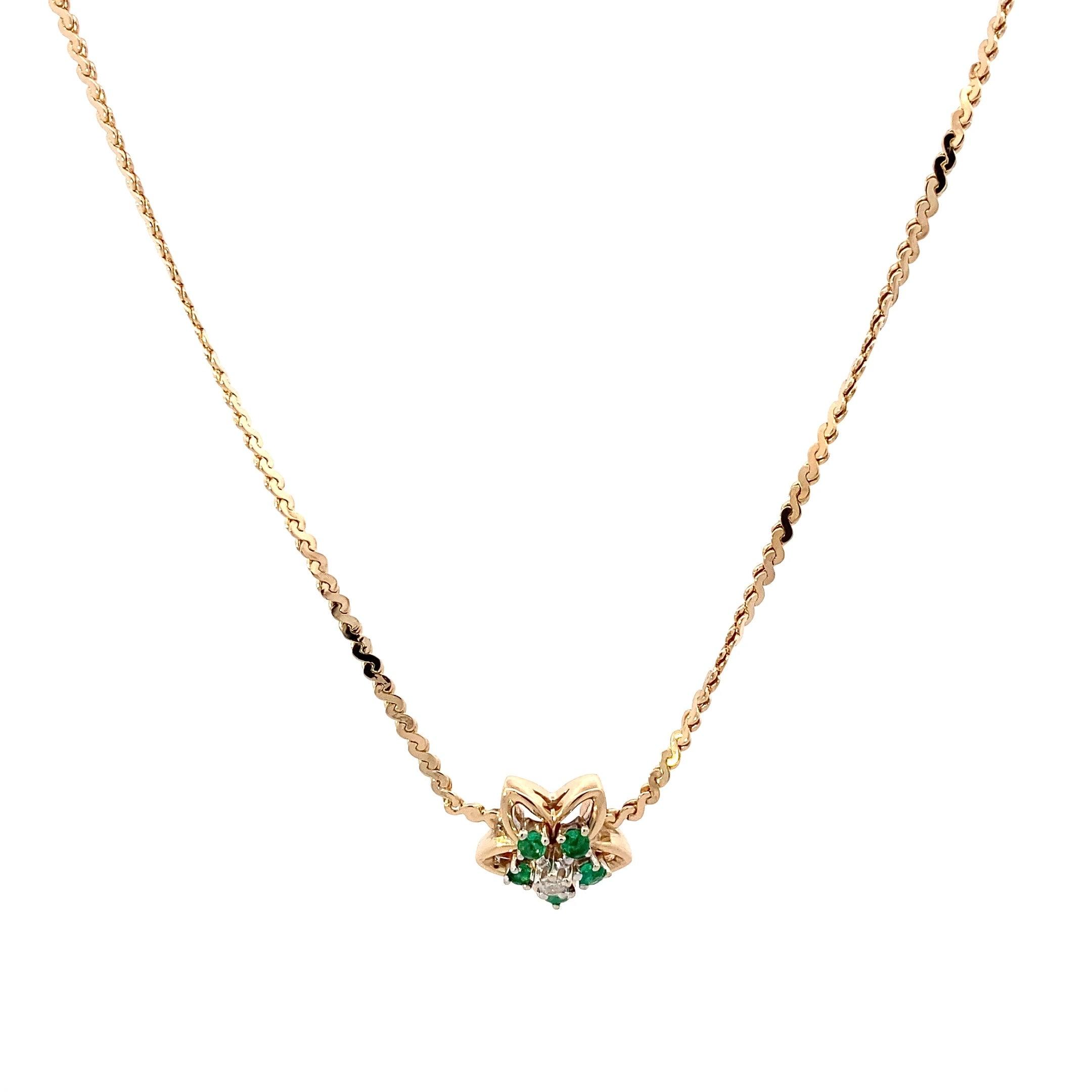 14K Yellow Gold Emerald Diamond Pendant & Serpentine Chain Set - 0.03ct - ipawnishop.com