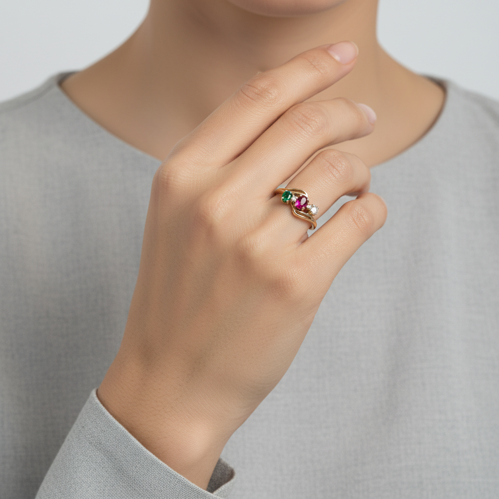 14K Yellow Gold Ruby, Emerald & Diamond Ring - 0.13ct