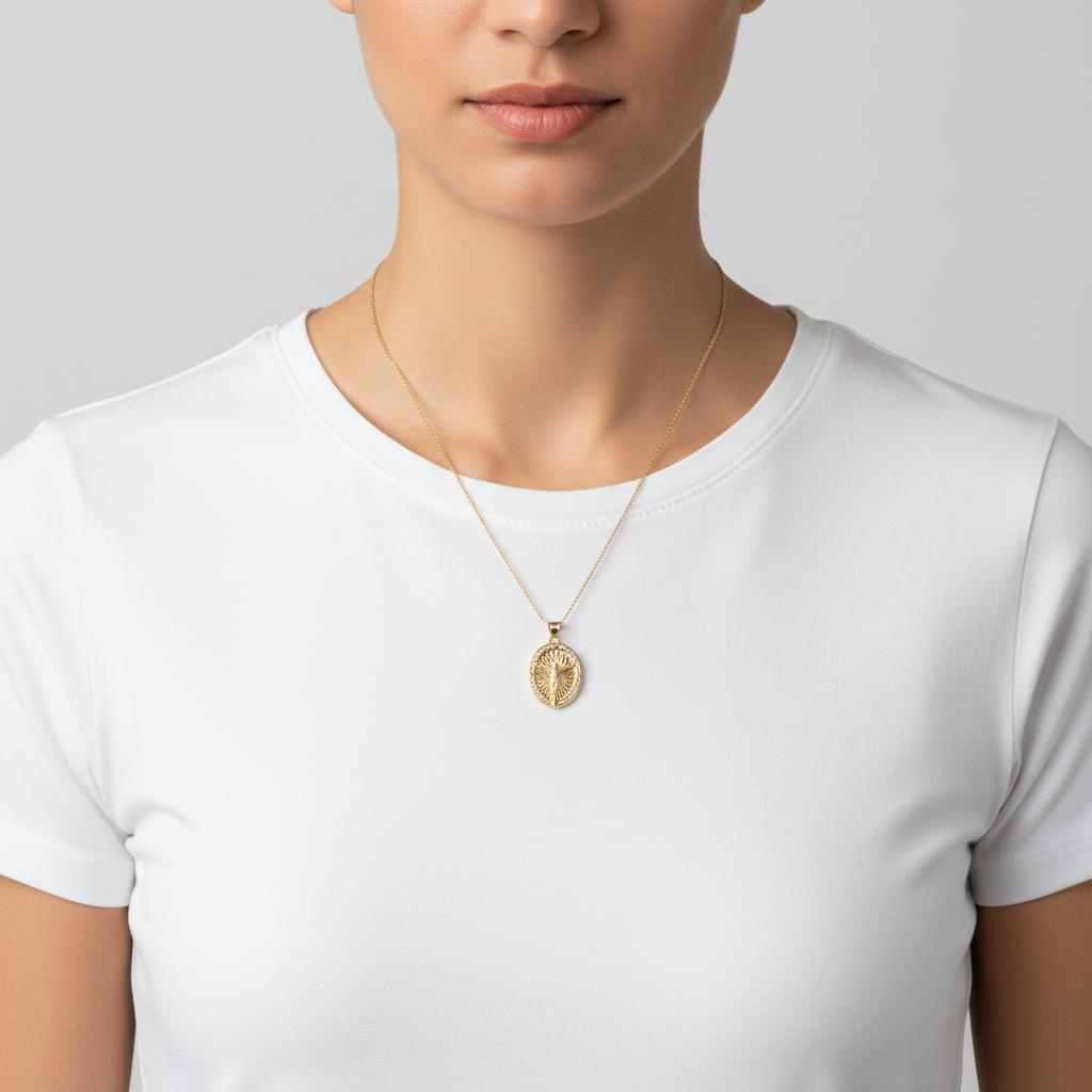 14K Tri-Color Gold CZ Oval Religious Pendant