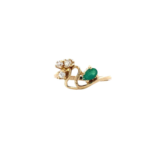 14K Yellow Gold Diamond & Emerald Women's Ring - 0.12ct