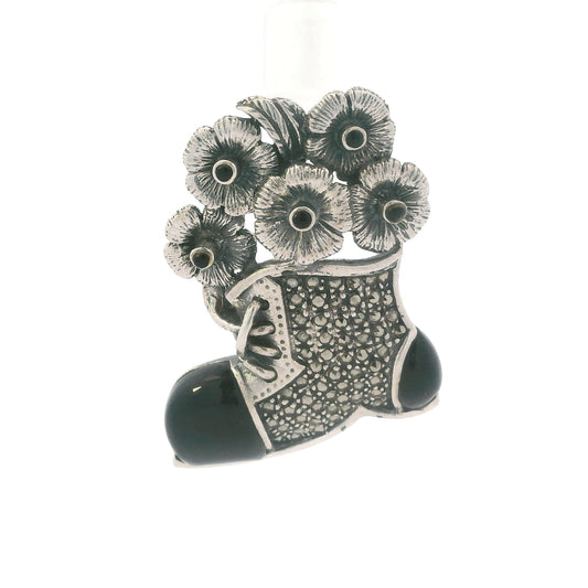 Vintage Sterling Silver Marcasite & Black Onyx Flower Shoe Brooch
