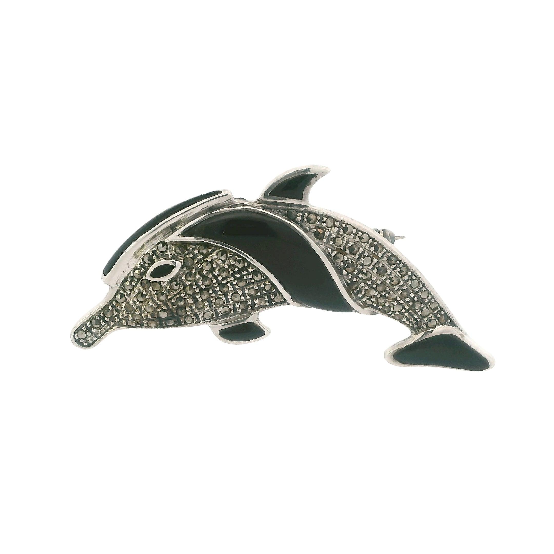 Vintage Silver Marcasite & Black Onyx Dolphin Brooch
