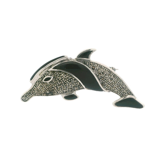 Vintage Silver Marcasite & Black Onyx Dolphin Brooch