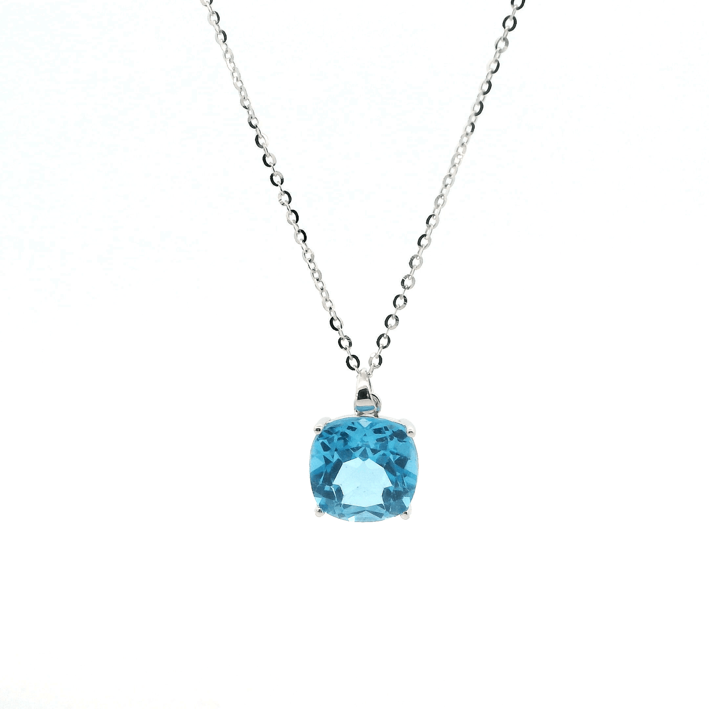 14K White Gold Cable Chain & Blue Topaz Pendant Set