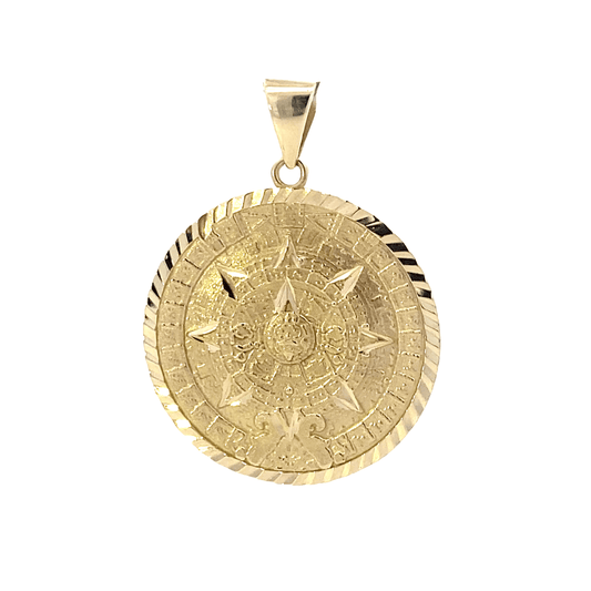 14K Yellow Gold Aztec Mayan Sun Calendar Pendant