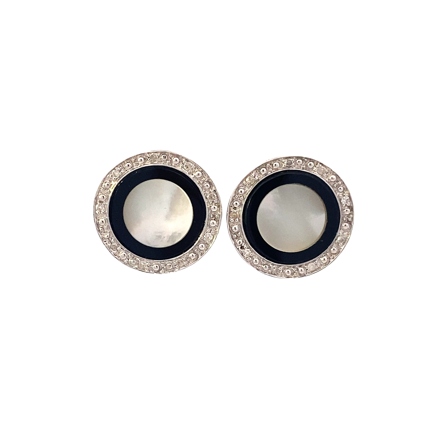 14K White Gold Mother of Pearl Black Onyx Diamond Earrings - 0.11ct