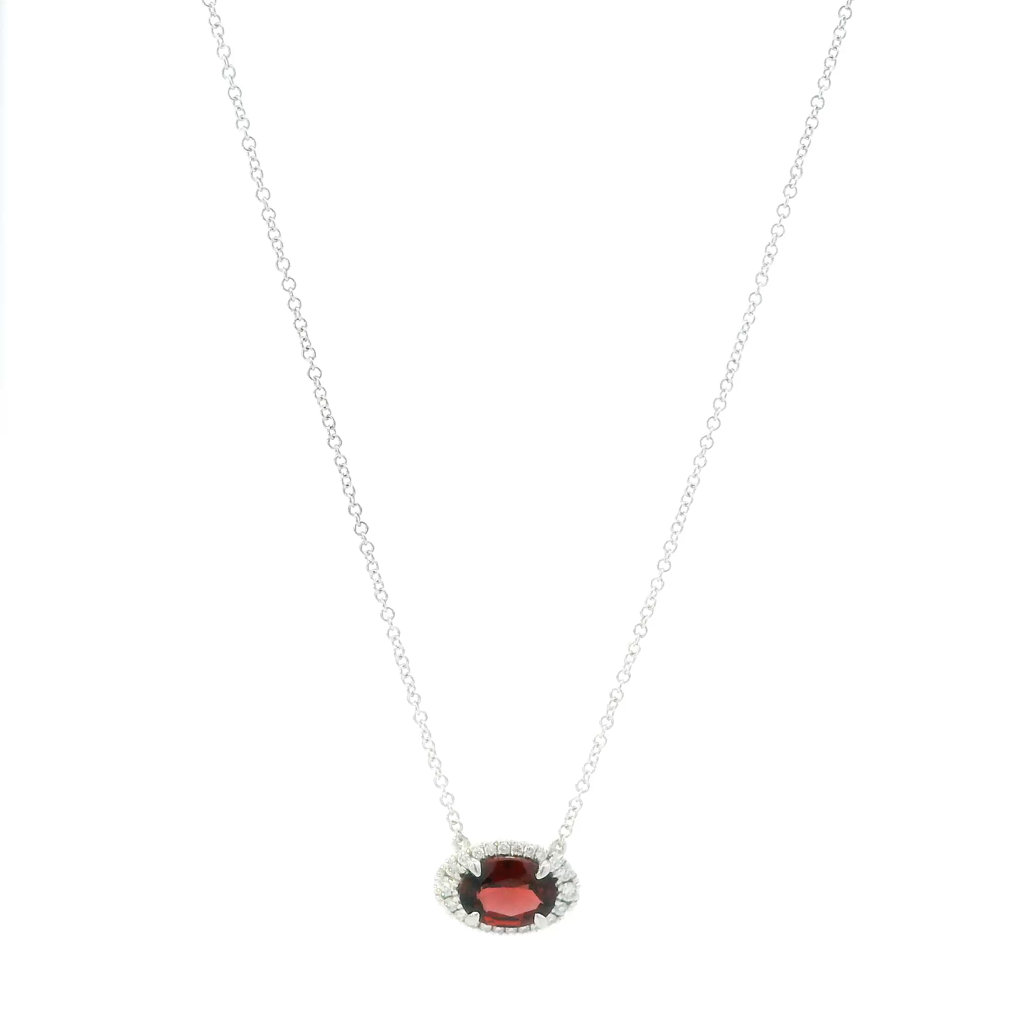 14K White Gold Oval Garnet & Diamond Pendant & 15.5" Cable Chain - 0.14ct
