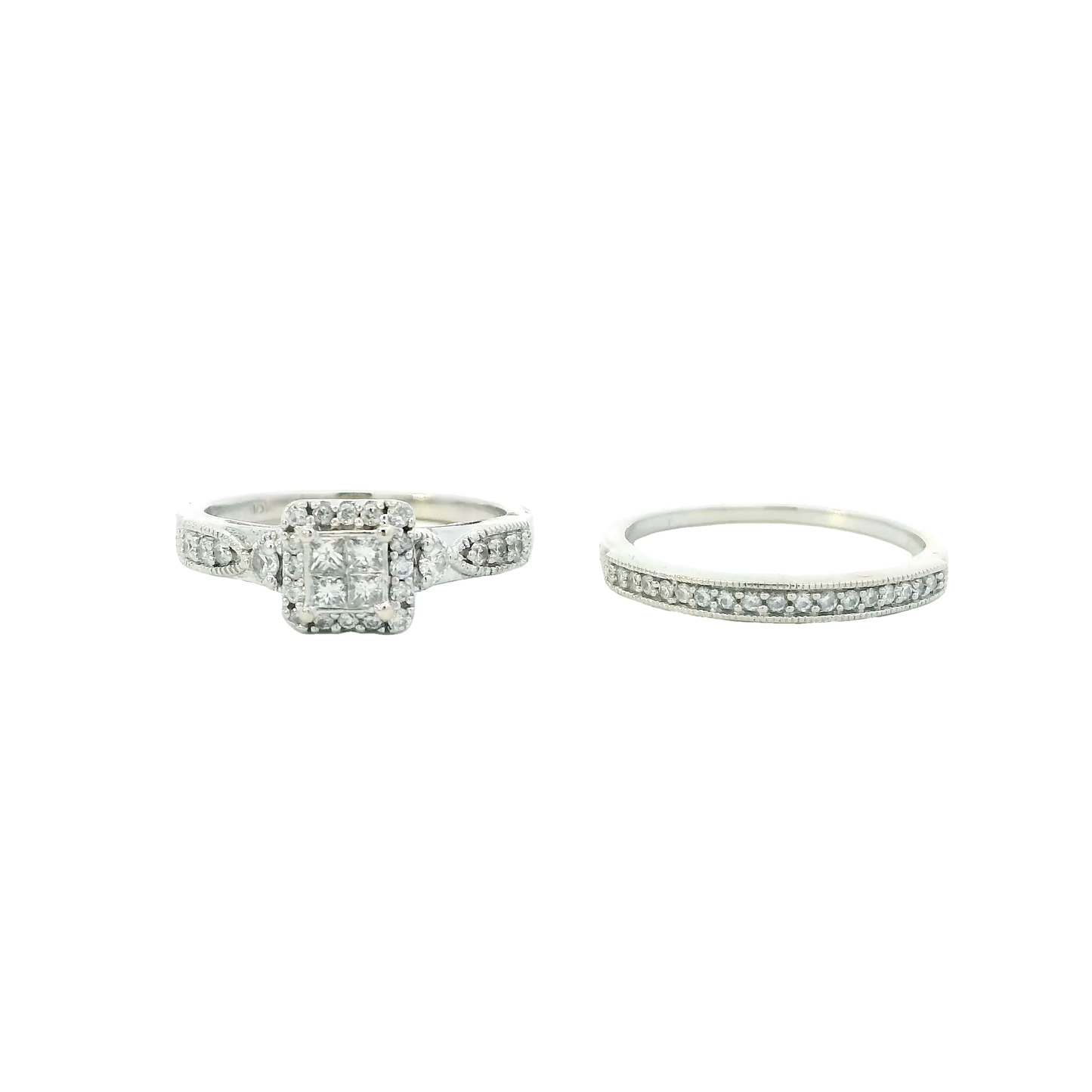 10K White Gold Diamond Engagement & Wedding Ring Set - 0.48ct