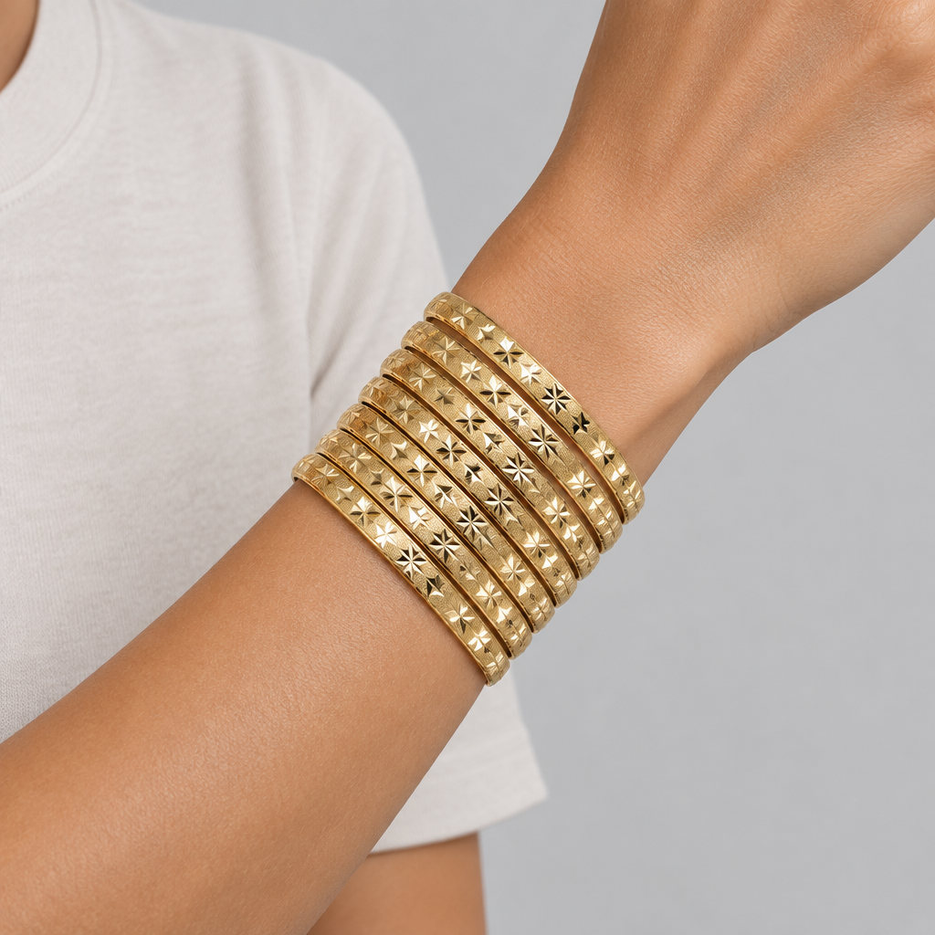 14K Yellow Gold Diamond Cut Bangle Bracelets - Set of 7