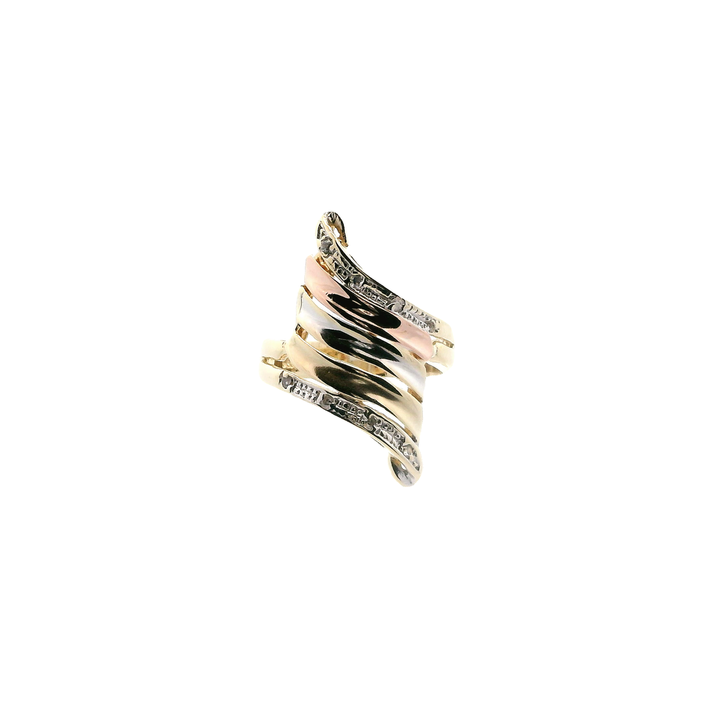 14K Tri Color Gold Diamond Cut Layered Womens Ring
