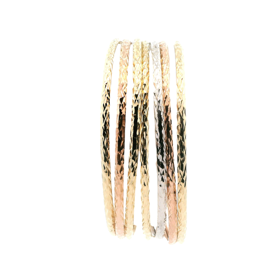 14K Tri Color Gold 7 Diamond Cut Matching Bangle Bracelets