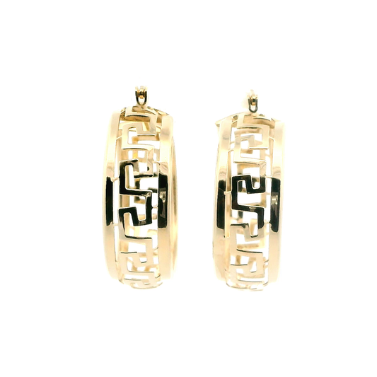 14K Yellow Gold Greek Pattern Hoop Earrings