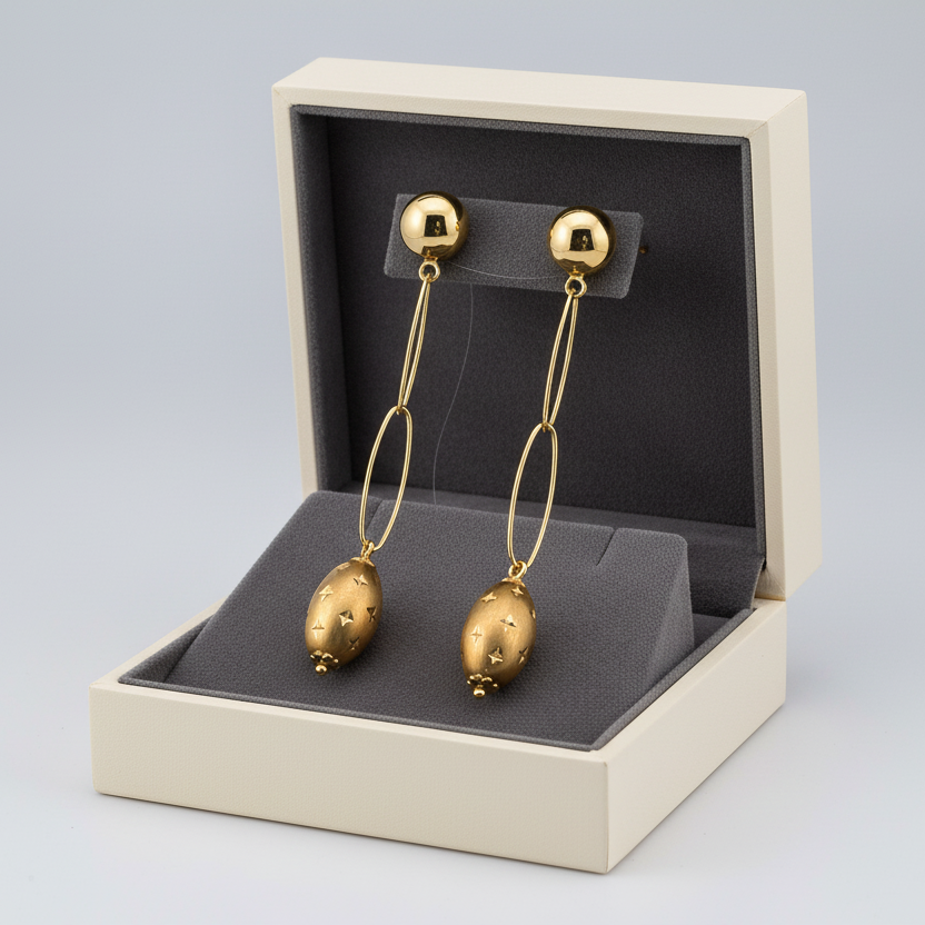 14K Yellow Gold DC Sphere & Double Oval Link Dangle Earrings