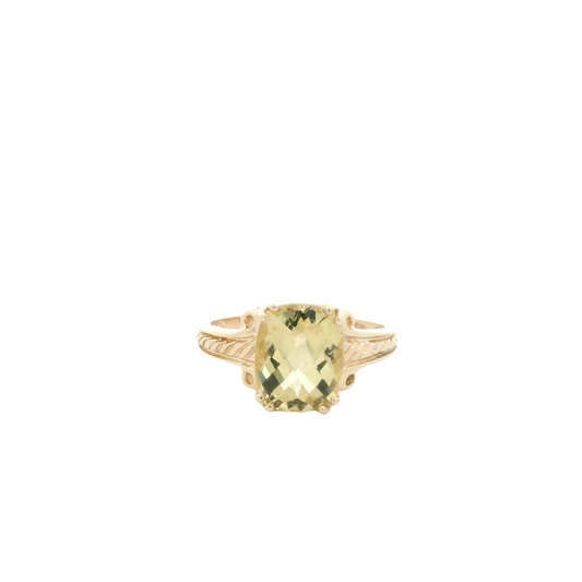 14K Yellow Gold Checkerboard Cushion Cut Golden Beryl Ring