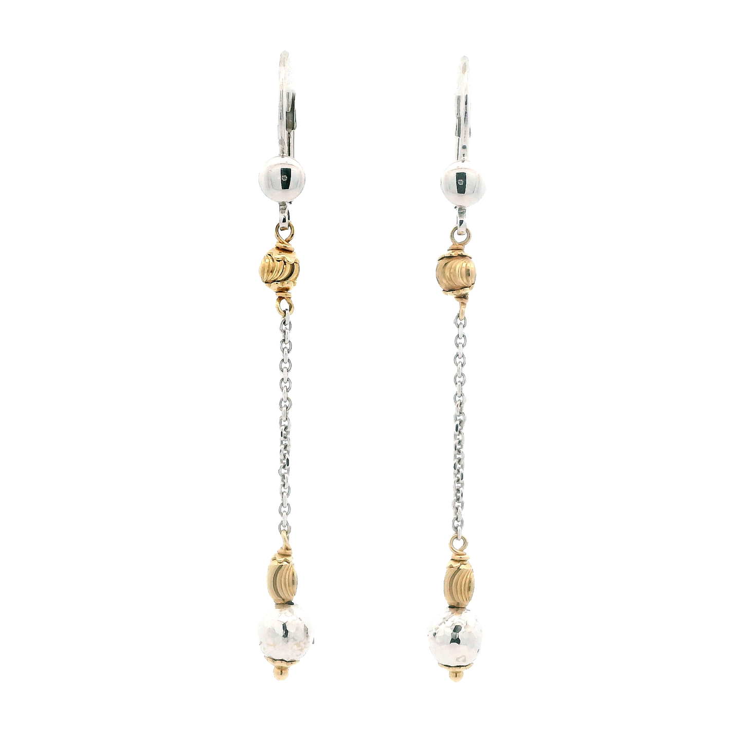 14K White & Yellow Gold Beaded Cable Chain Dangle Earrings