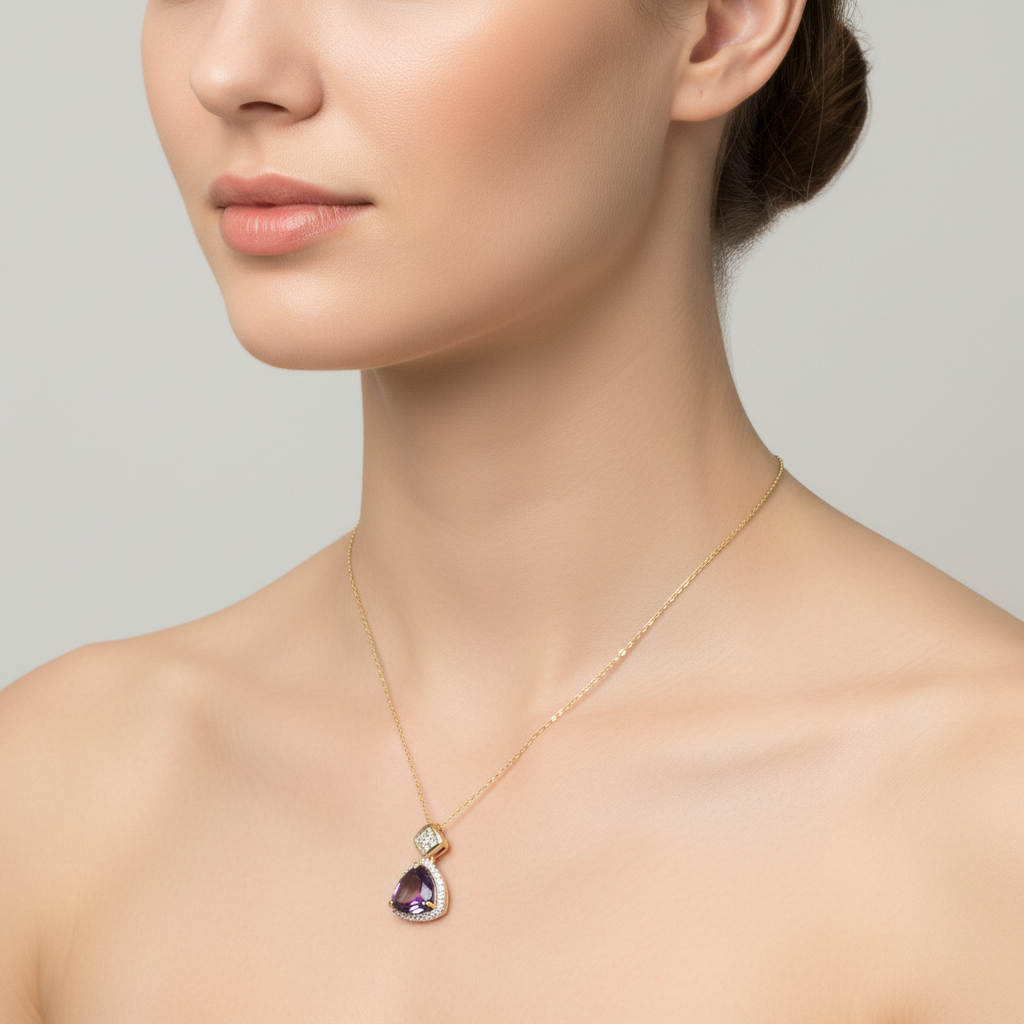 14K Yellow Gold Tril Amethyst Diamond Pendant & 18