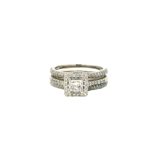 14K White Gold Diamond Engagement & Wedding Ring Set - 0.96ct