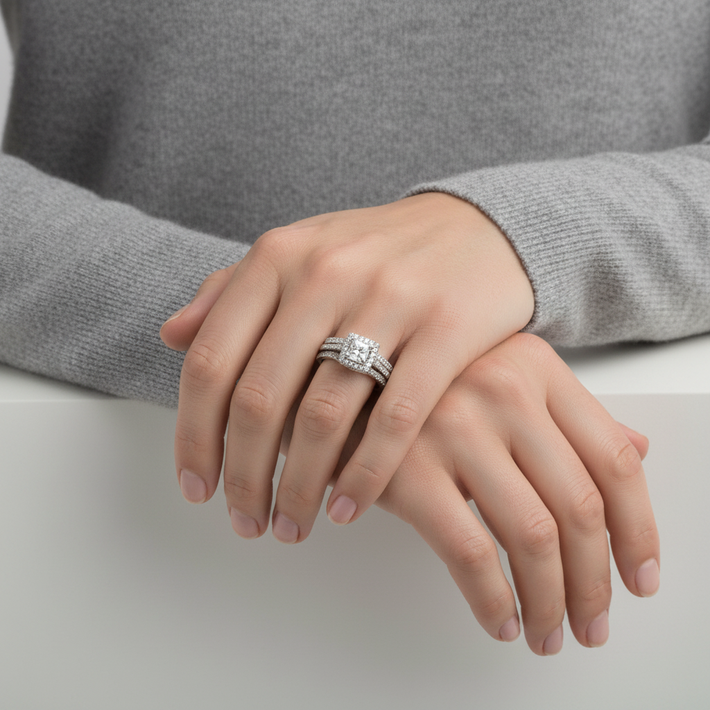 14K White Gold Diamond Engagement & Wedding Ring Set - 0.96ct