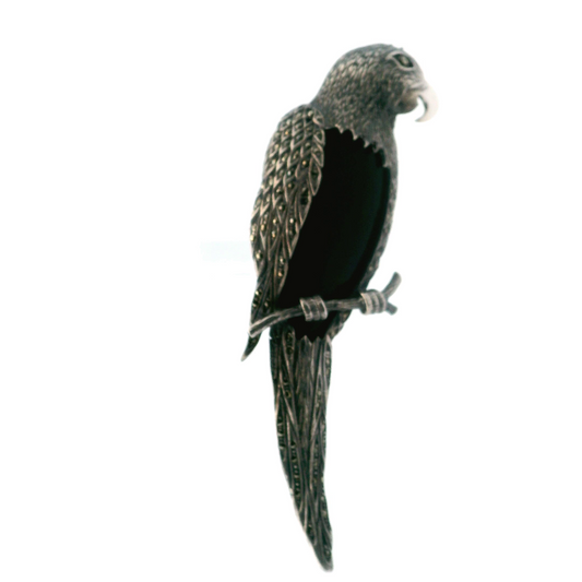 Vintage Silver Marcasite & Onyx Parrot Brooch