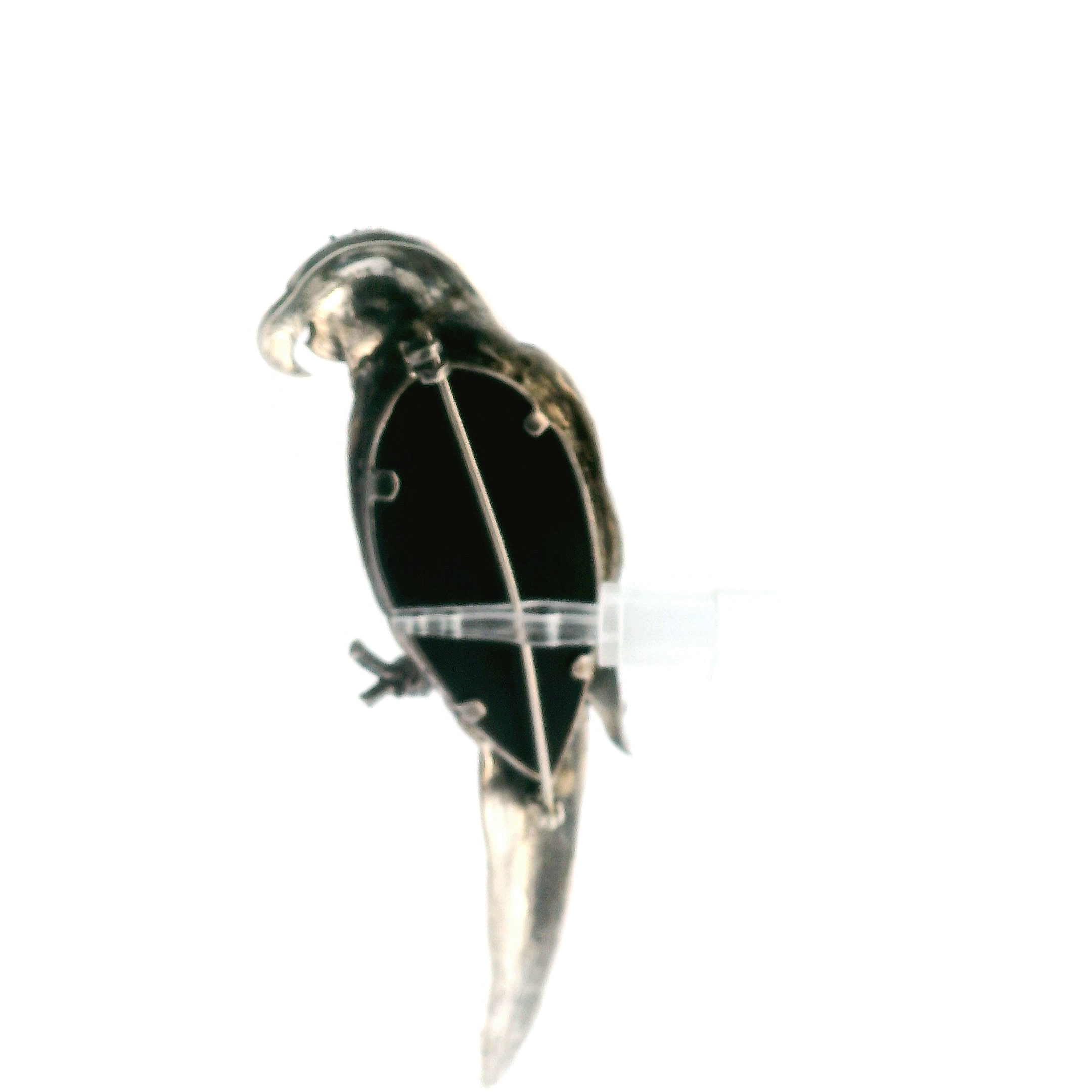 Vintage Silver Marcasite & Onyx Parrot Brooch