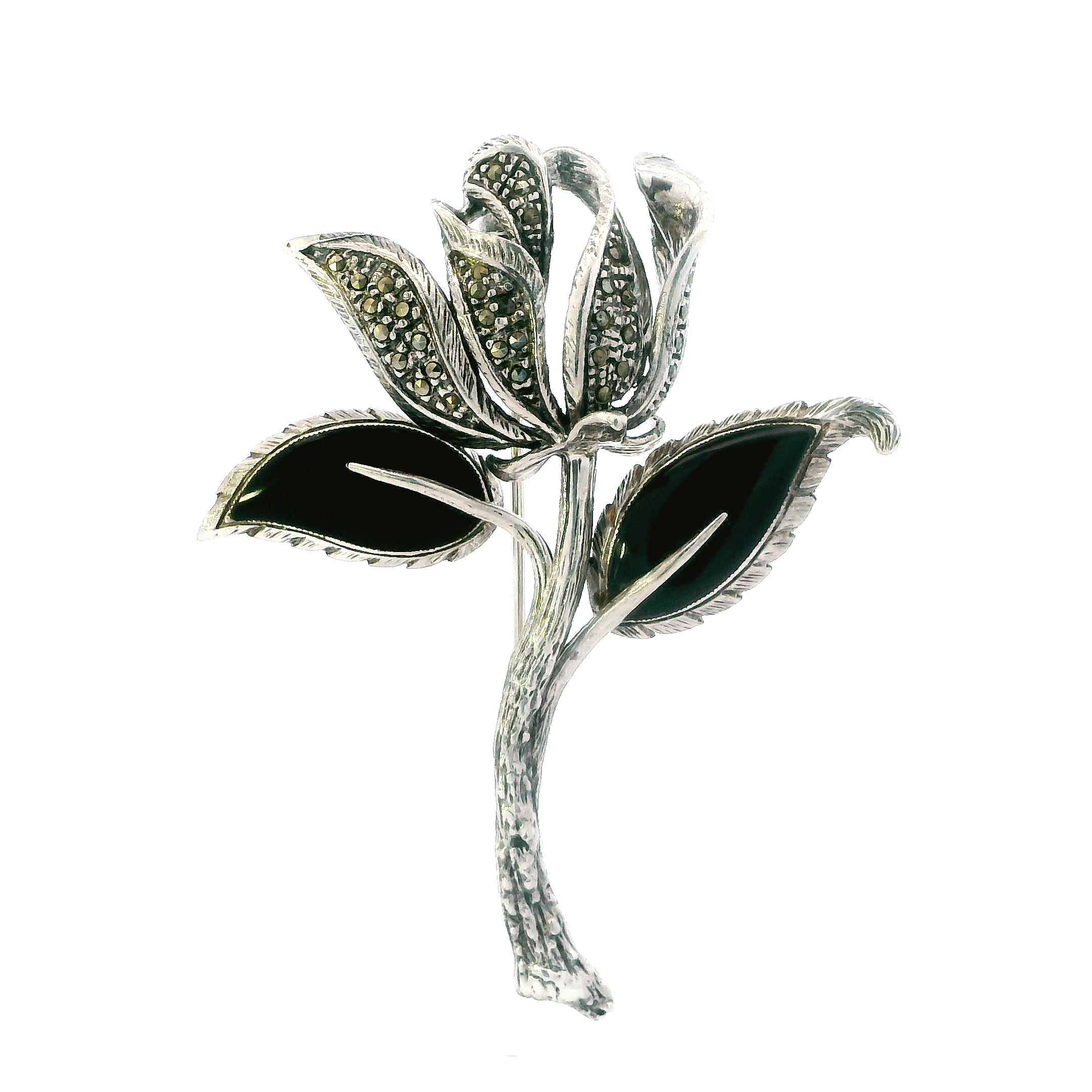 Vintage Silver Marcasite & Onyx Flower Brooch