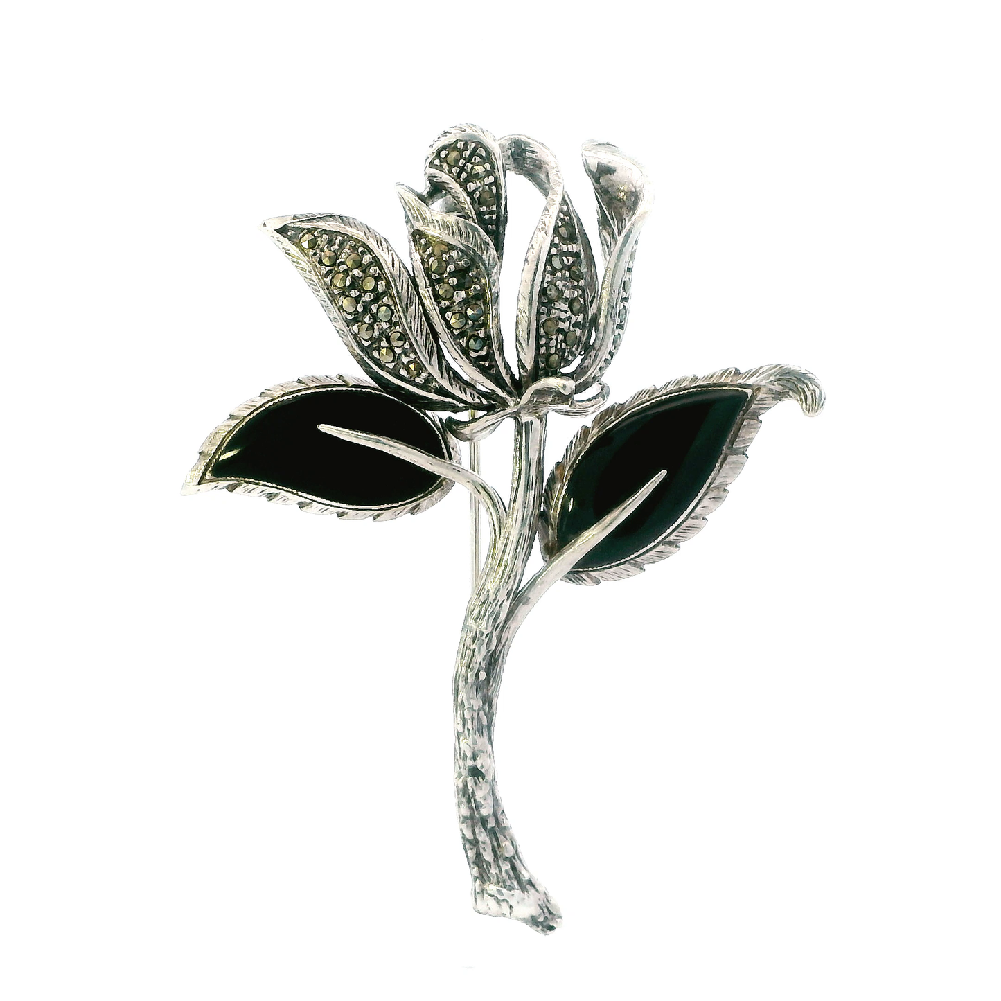 Vintage Silver Marcasite & Onyx Flower Brooch