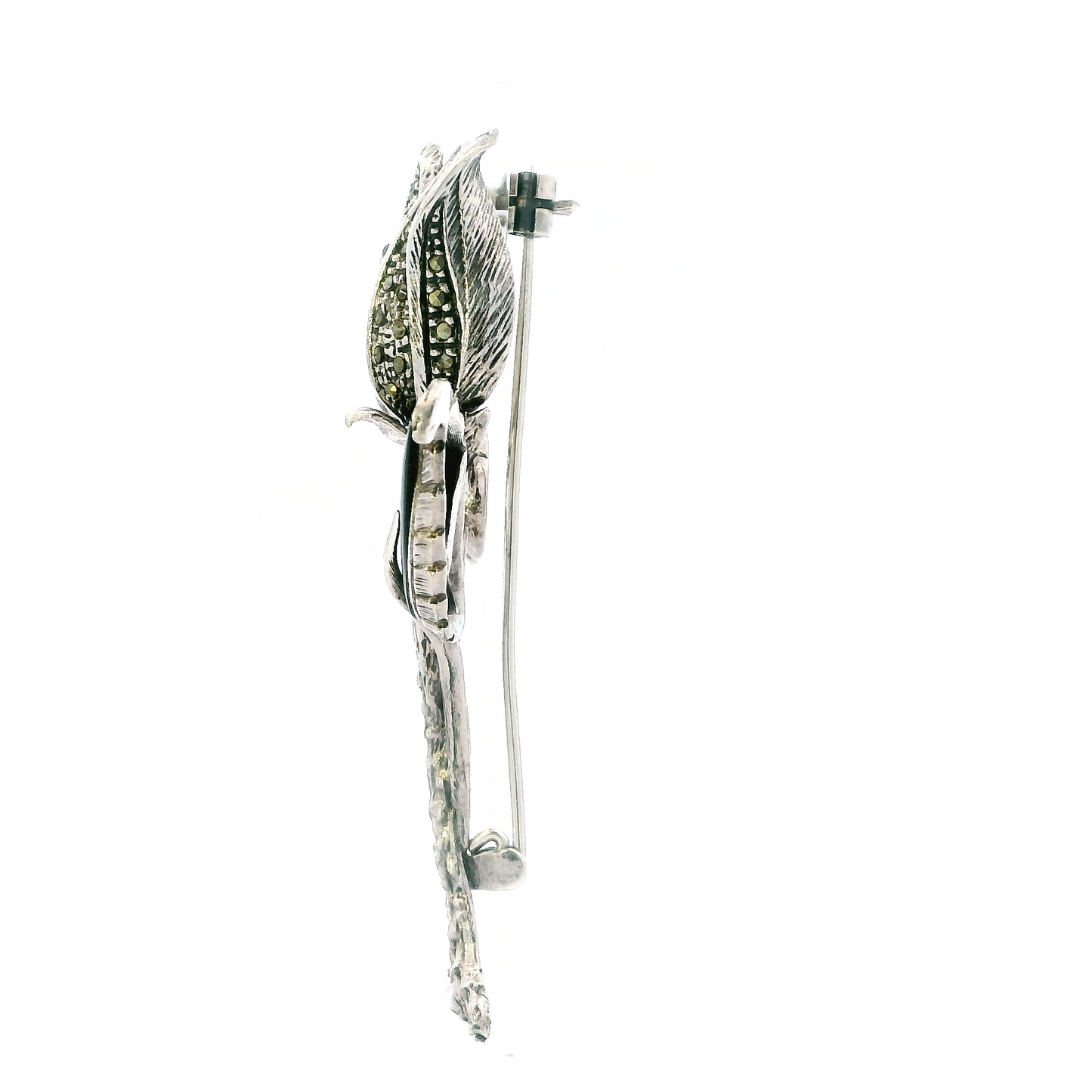 Vintage Silver Marcasite & Onyx Flower Brooch