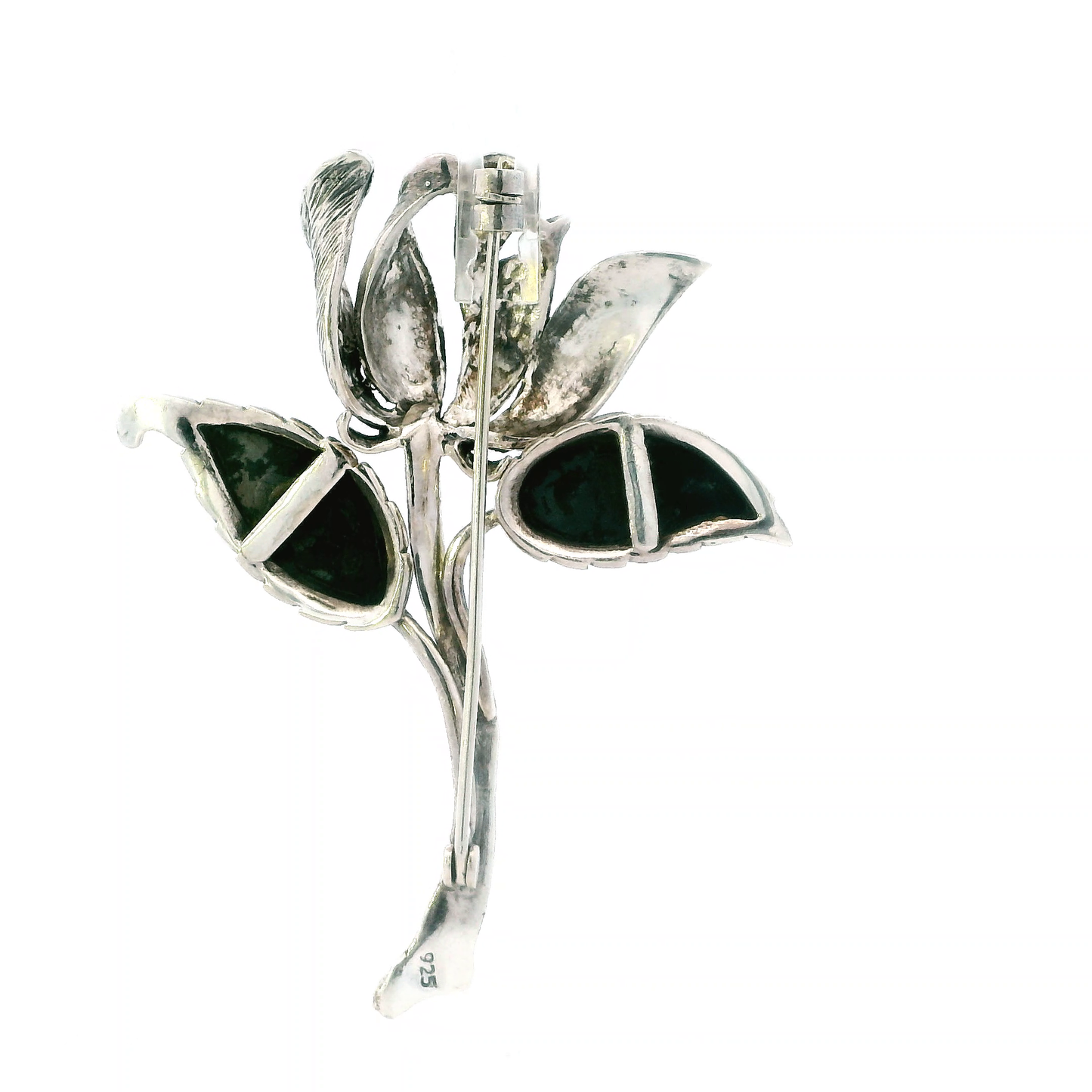 Vintage Silver Marcasite & Onyx Flower Brooch